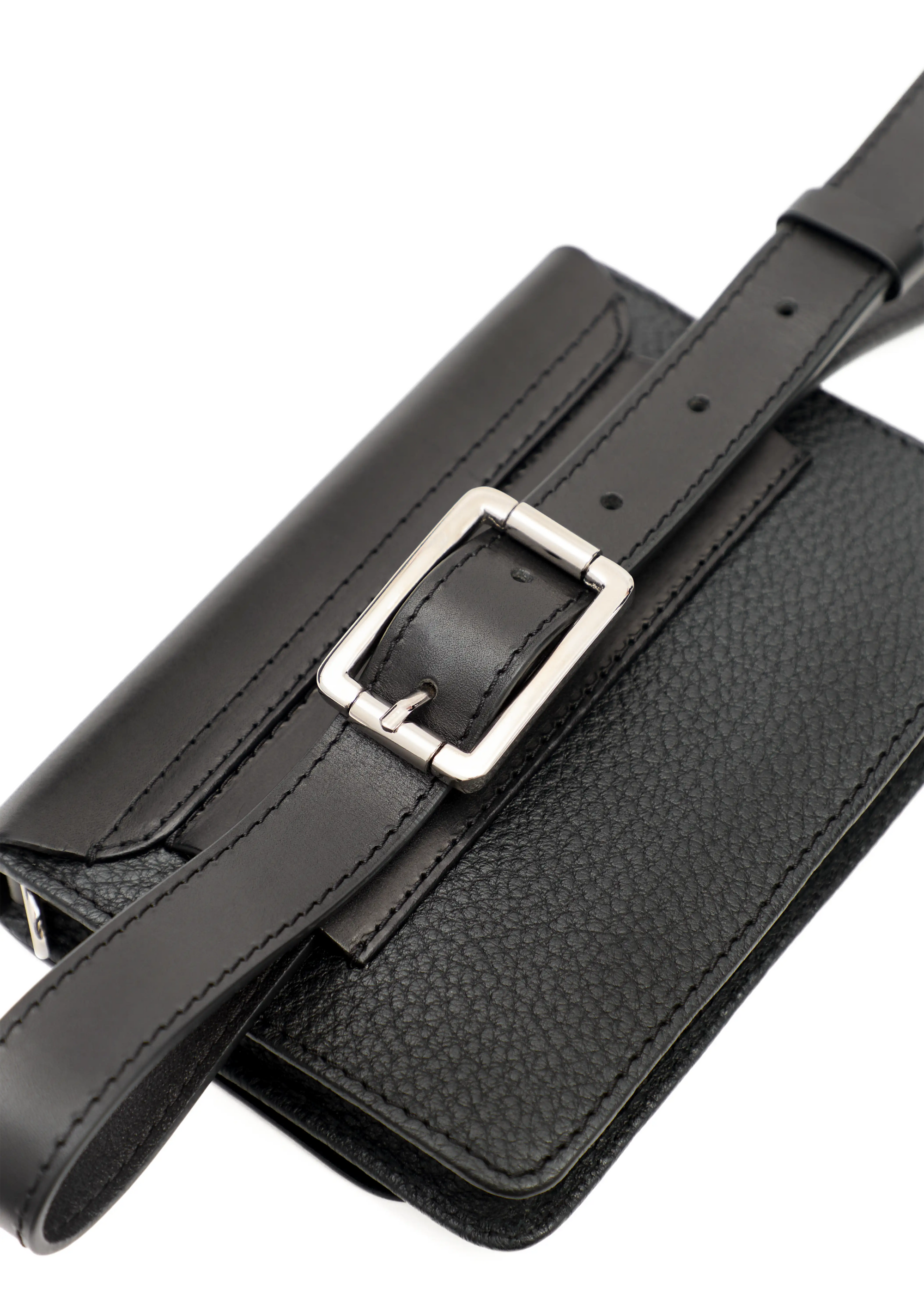 Close back view of the Philini Polina Black Belt Bag, showcasing the belt buckle with silver detailing, visible belt hole, and premium materials crafted from buffalo and aniline calf leather.