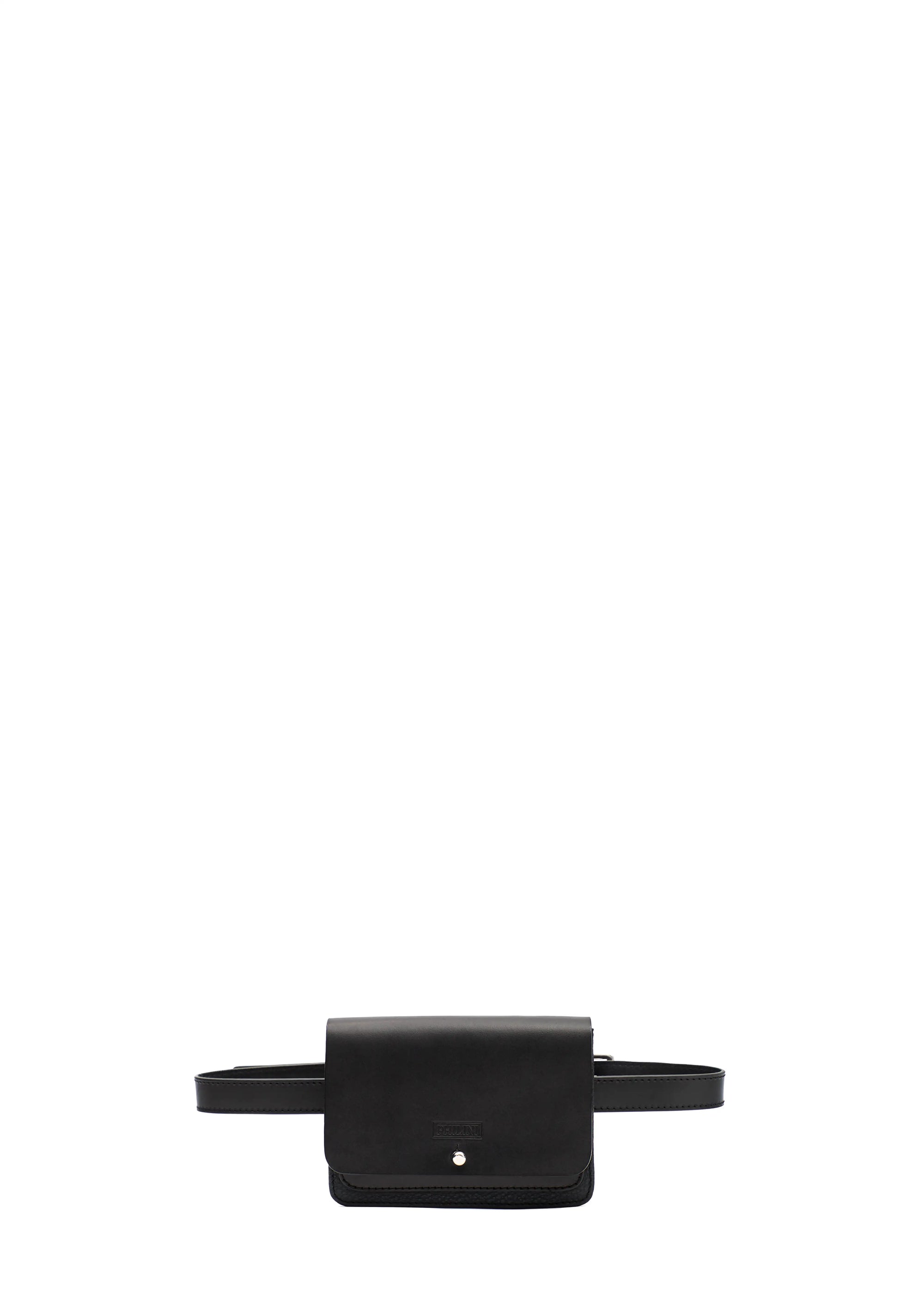 Front view of the Philini Polina Black Belt Bag, a rectangular handcrafted designer bag made from high-quality aniline calf leather with a front flap and silver cufflink closure. And belt as a handle. A sustainable, German-designed leather bag
