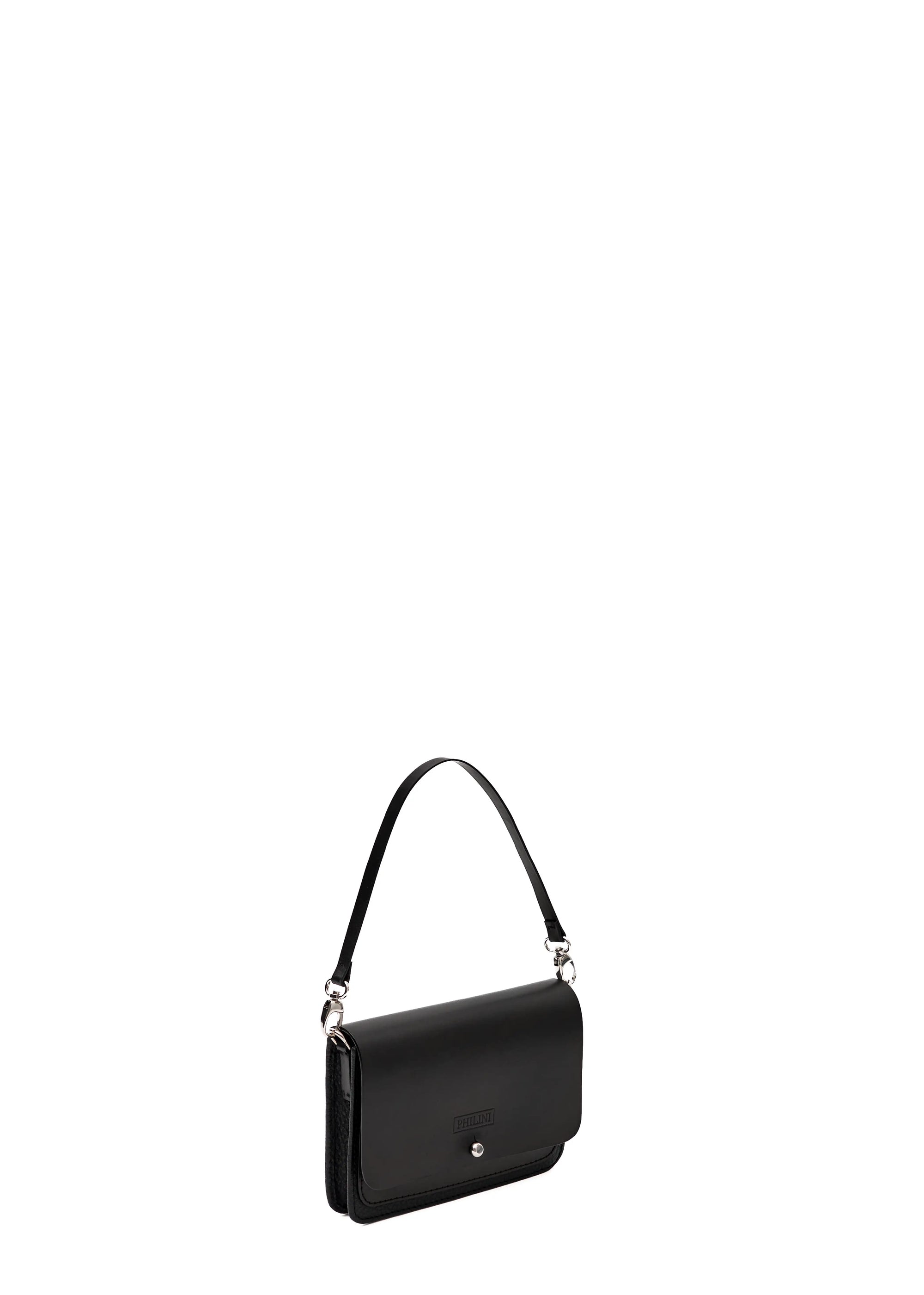 Side angle of the Philini Polina Black Belt Bag, a sleek rectangular designer piece handcrafted from premium aniline calf leather. Features a front flap with a silver cufflink-style closure and a short leather handle attached with silver carabiners. Designed in Germany with a focus on sustainability.