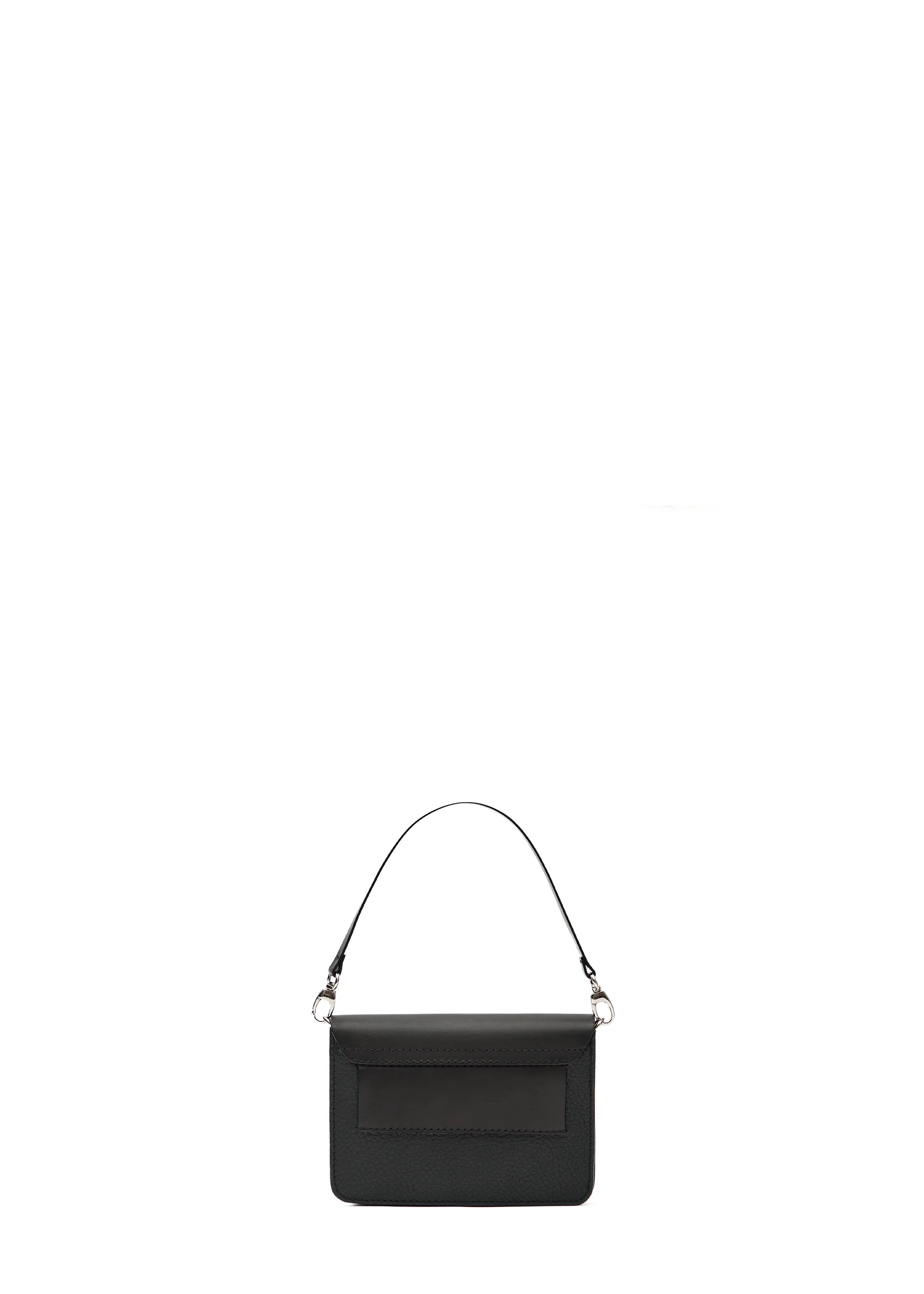 Back view of a black leather Philini Polina belt bag with a short leather handle attached with silver carabiners and a visible strap opening. Handmade handmade designer belt bag