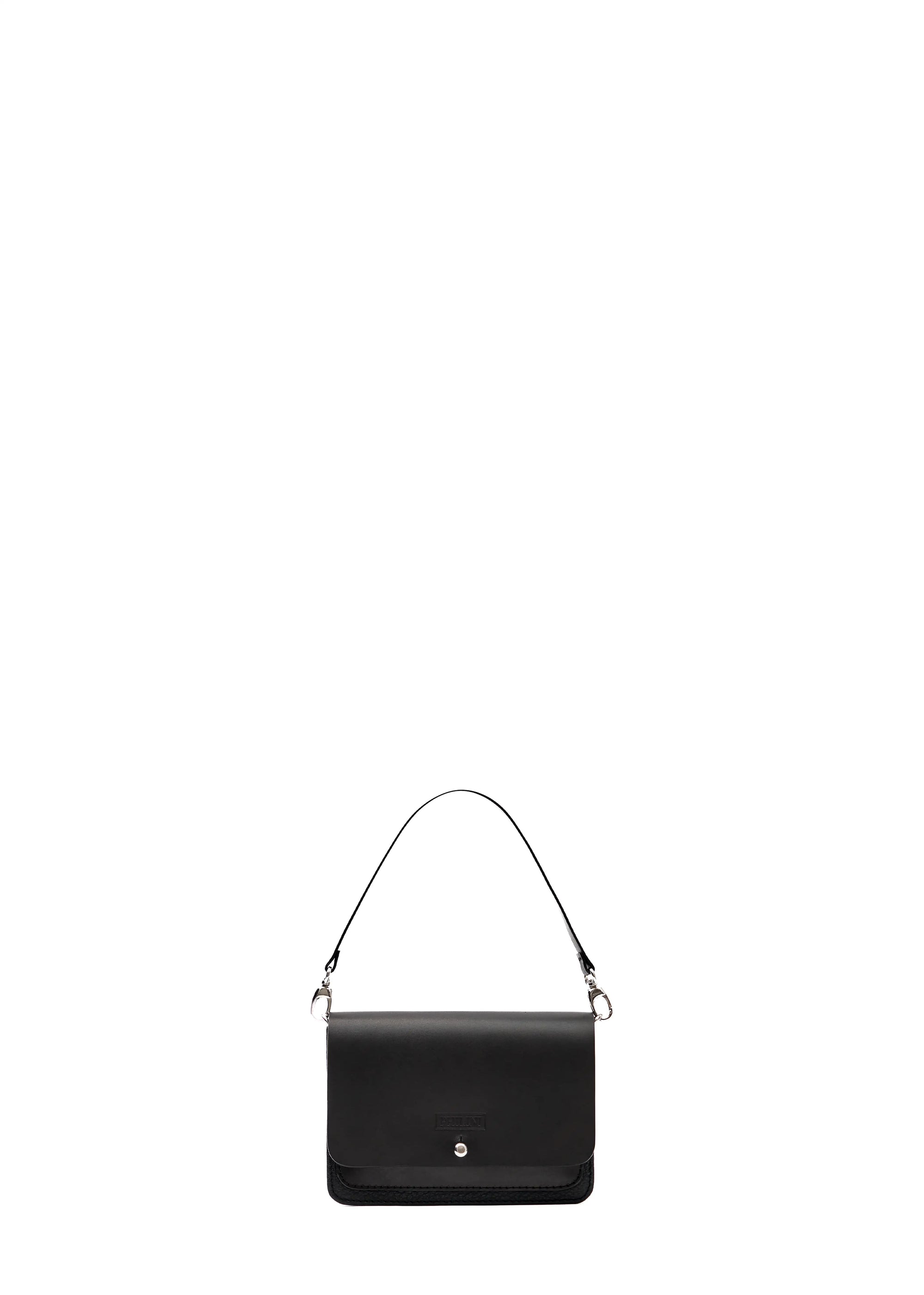 Front view of the Philini Polina Black Belt Bag, a rectangular handcrafted designer bag made from high-quality aniline calf leather with a front flap and silver cufflink closure. And a short leather handle strapped on silver carabiners. A sustainable, German-designed leather bag