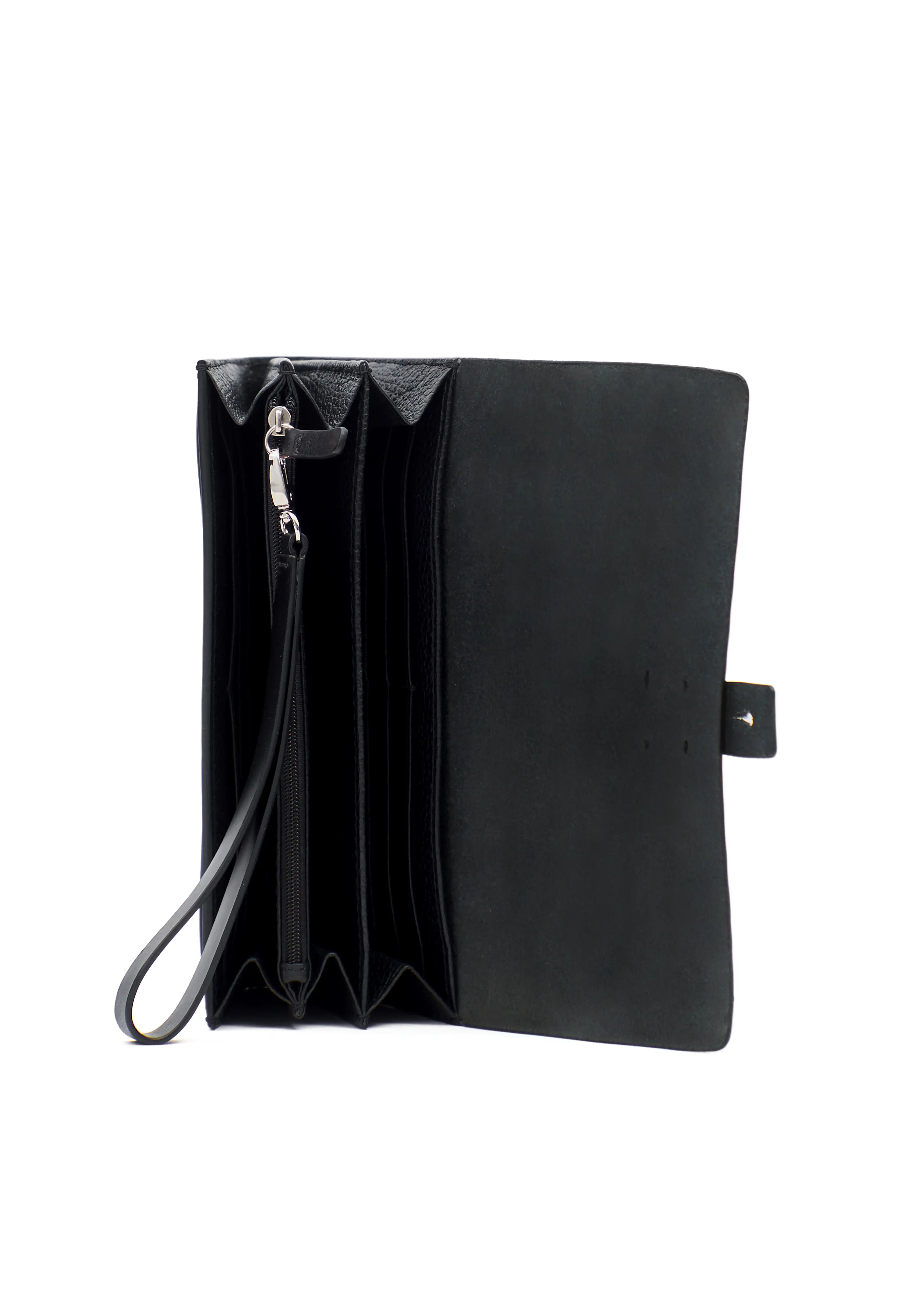 Top inside view of the open Philini Sandra Wallet in black full-grain and buffalo leather, showing short flat handle, multiple card slots, zip coin pocket, and cash compartments