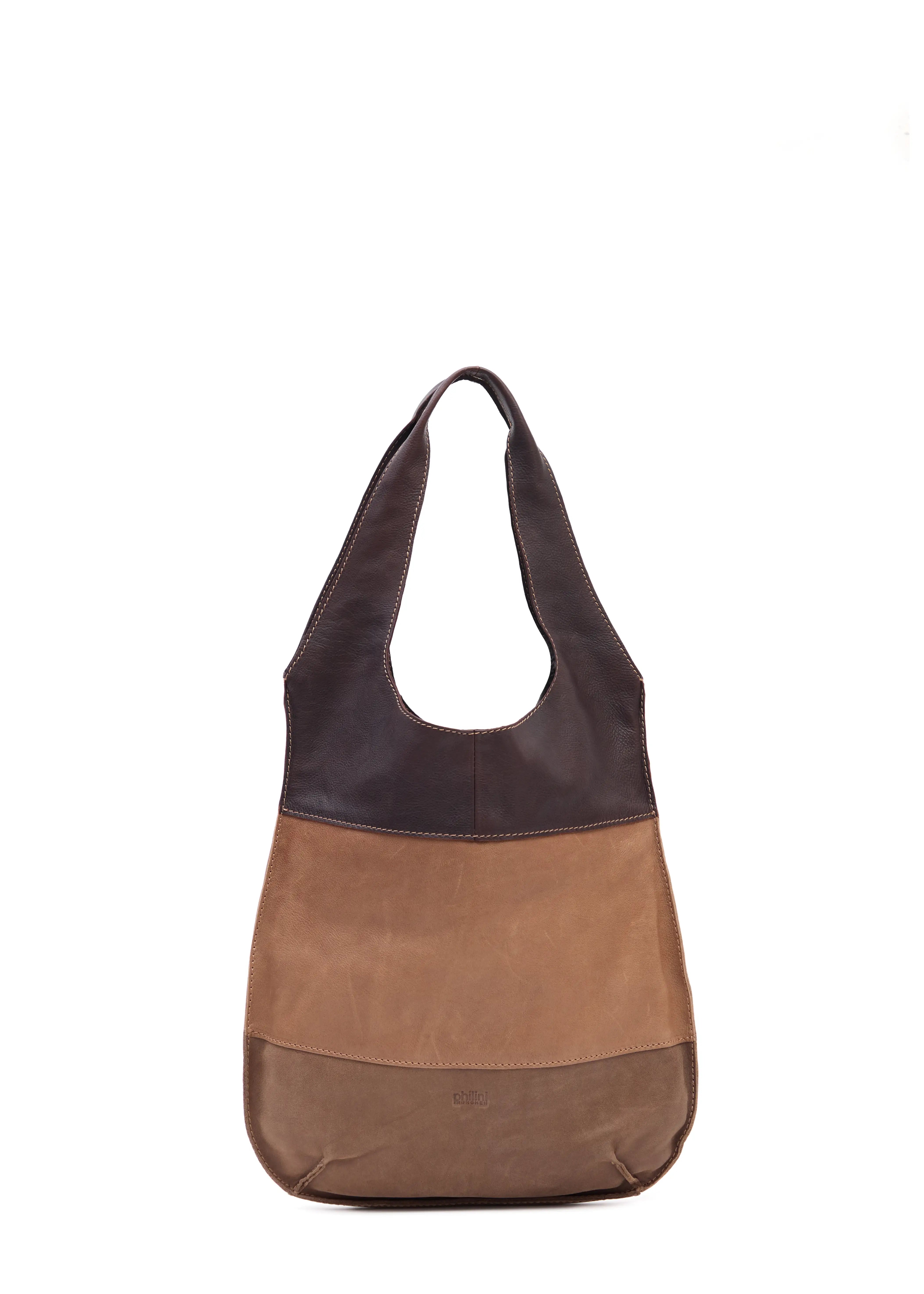 Front view of the Philini Semfira Hobo Bag in rich brown Nubuck and Calf leather, featuring integrated top handles, three earthy-toned straps, and a stamped logo. Premium handcrafted shoulder bag, modern and minimalist