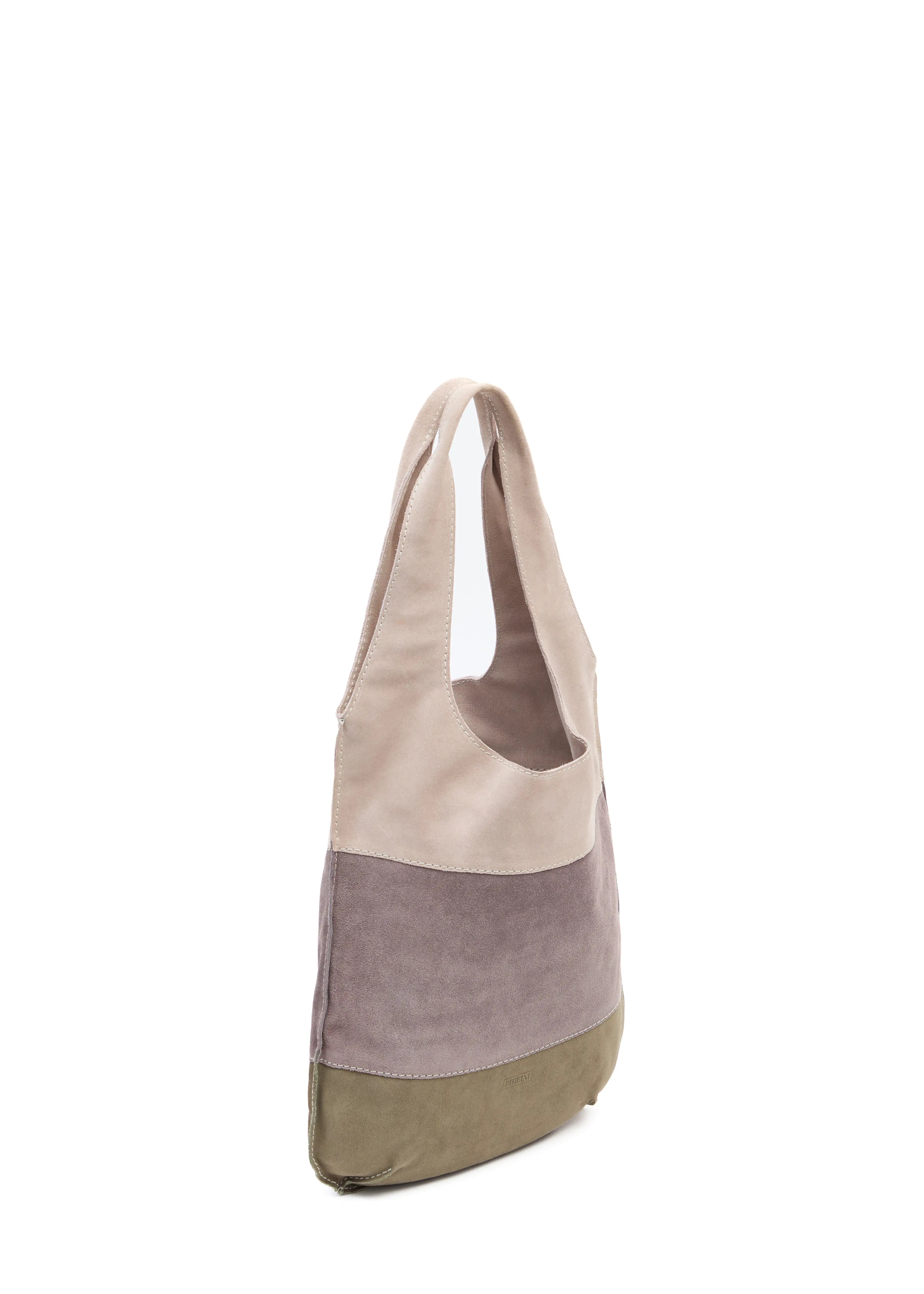 Side view of the Philini Rose Hobo Bag Semfira in rose suede, with three contrasting pastel straps and built-in handles. Stylish suede handbag ethically handmade