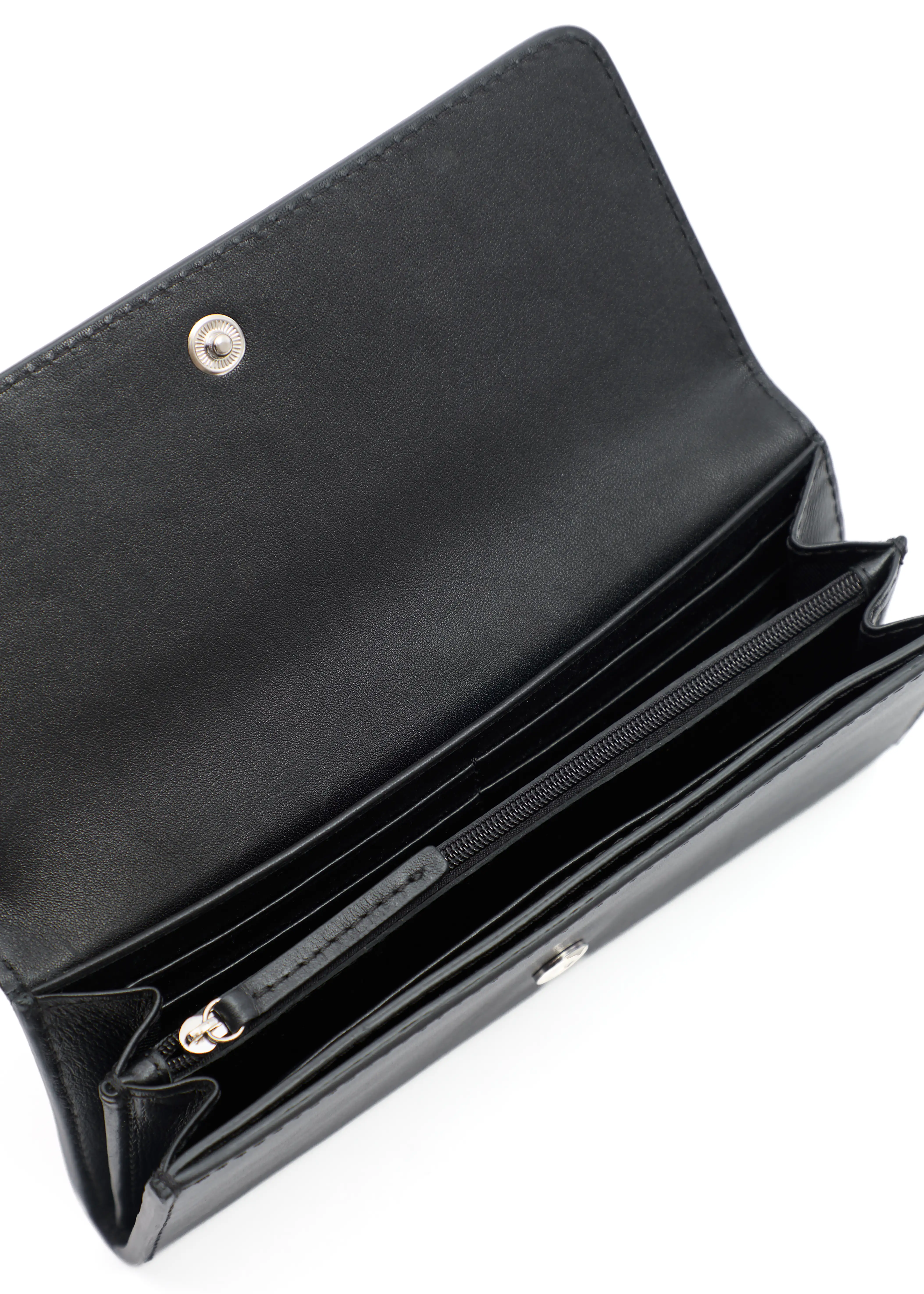 Top view of open black Philini Tina Wallet in nappa leather, featuring card slots, zippered coin pocket, cash compartments, and snap button closure – compact leather wallet for women