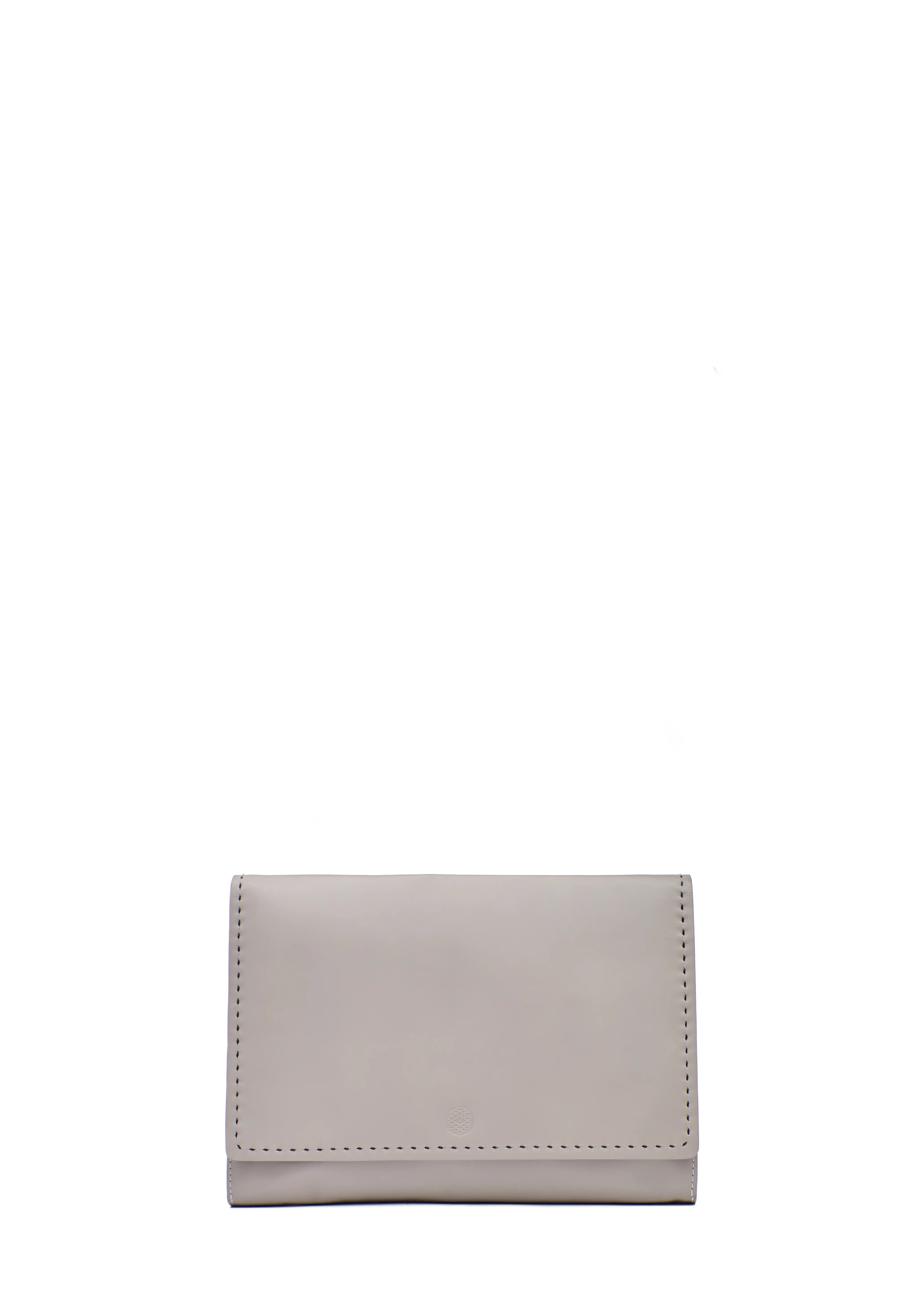Front view of the Philini Valery Business Clutch in taupe aniline nappa leather, slim rectangular shape with full-flap, perimeter stitching, and discreet magnetic closure. Handcrafted structured leather clutch, elegant work essentials accessory