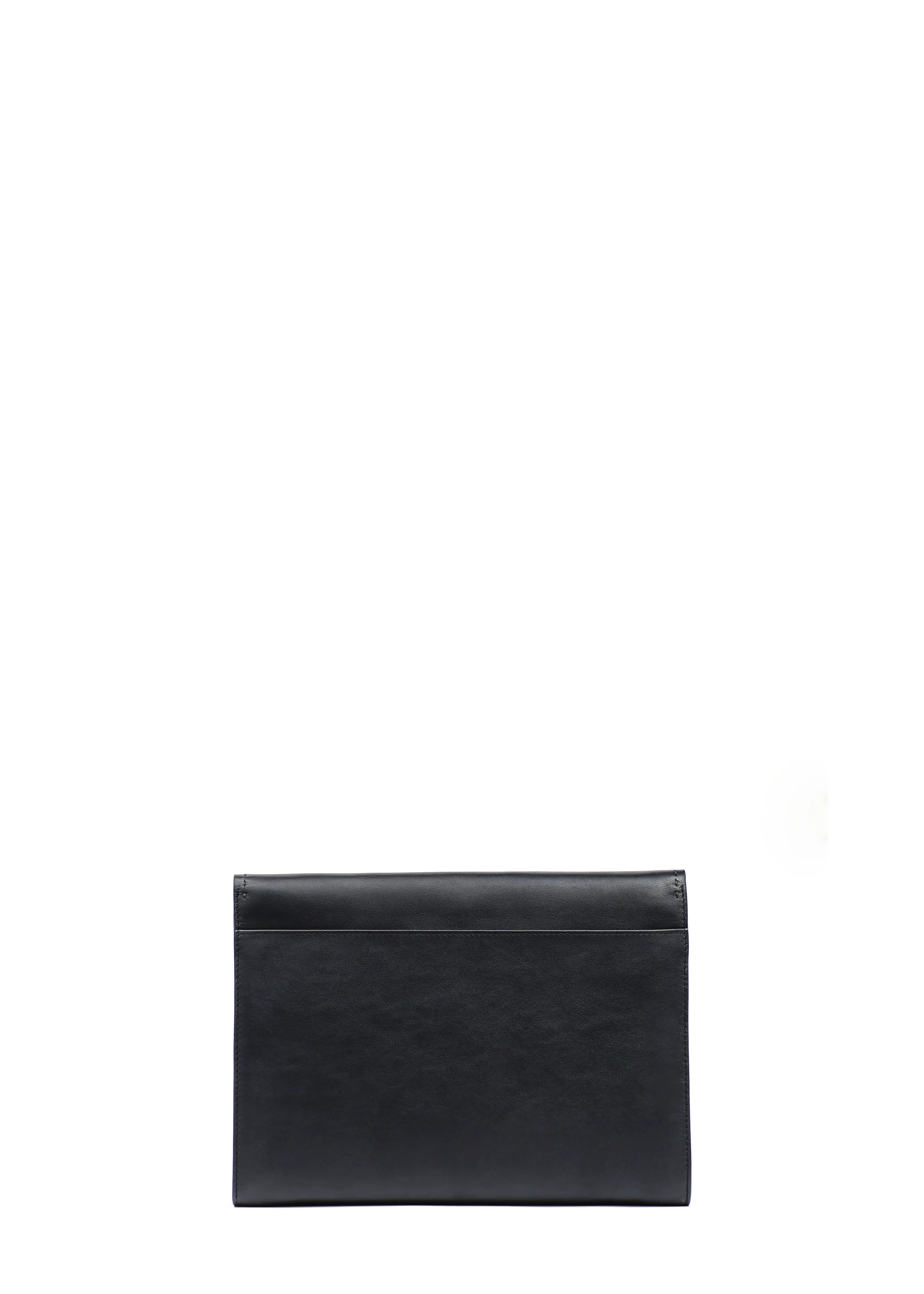 Back view of the Philini Valery Business Clutch in black aniline calf leather, featuring a slim rectangular shape with a wide open back pocket.  Structured leather clutch designed as an elegant organizer for daily work essentials