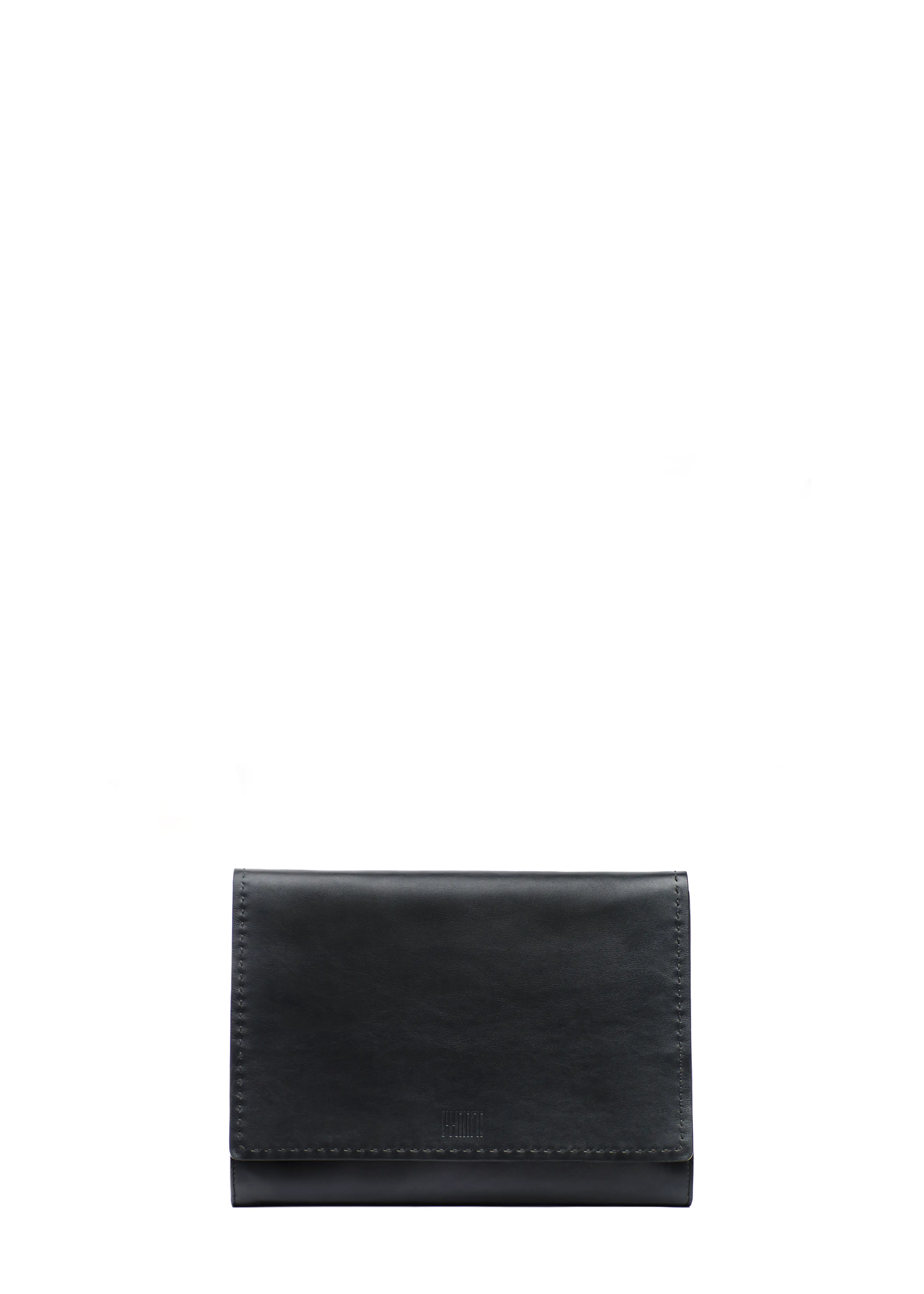 Front view of the Philini Valery Business Clutch in black aniline calf leather, slim rectangular silhouette with full-flap, press stud closure, stamped Philini logo  and refined perimeter stitching. Elegant handcrafted leather case, ideal as a professional organizer bag