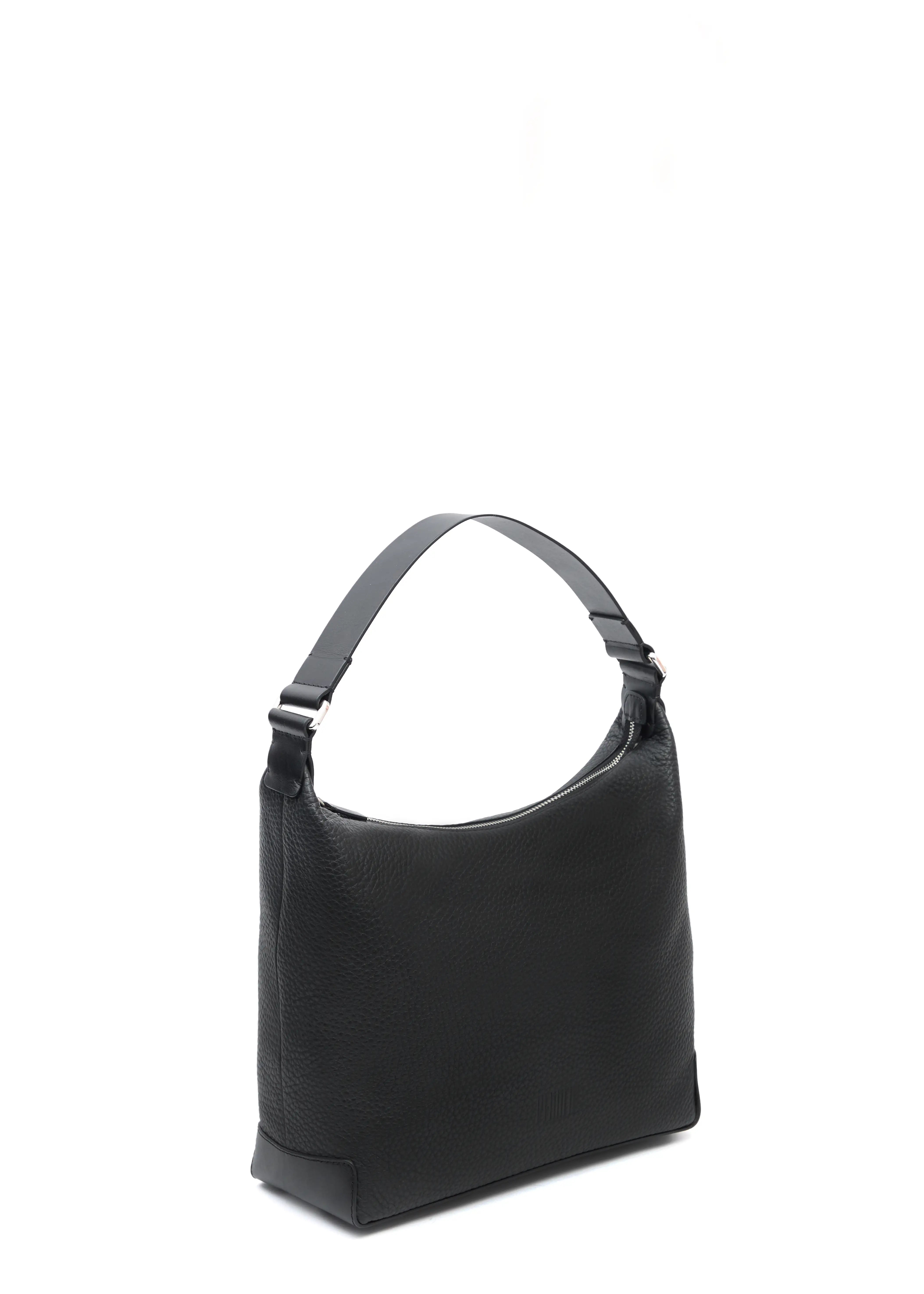 Side view of the Philini Yana Black Leather Hobo Bag, crafted from buffalo leather with a single handle featuring square rings and reinforced leather corners at the bottom. This handcrafted handbag is made of natural leather.