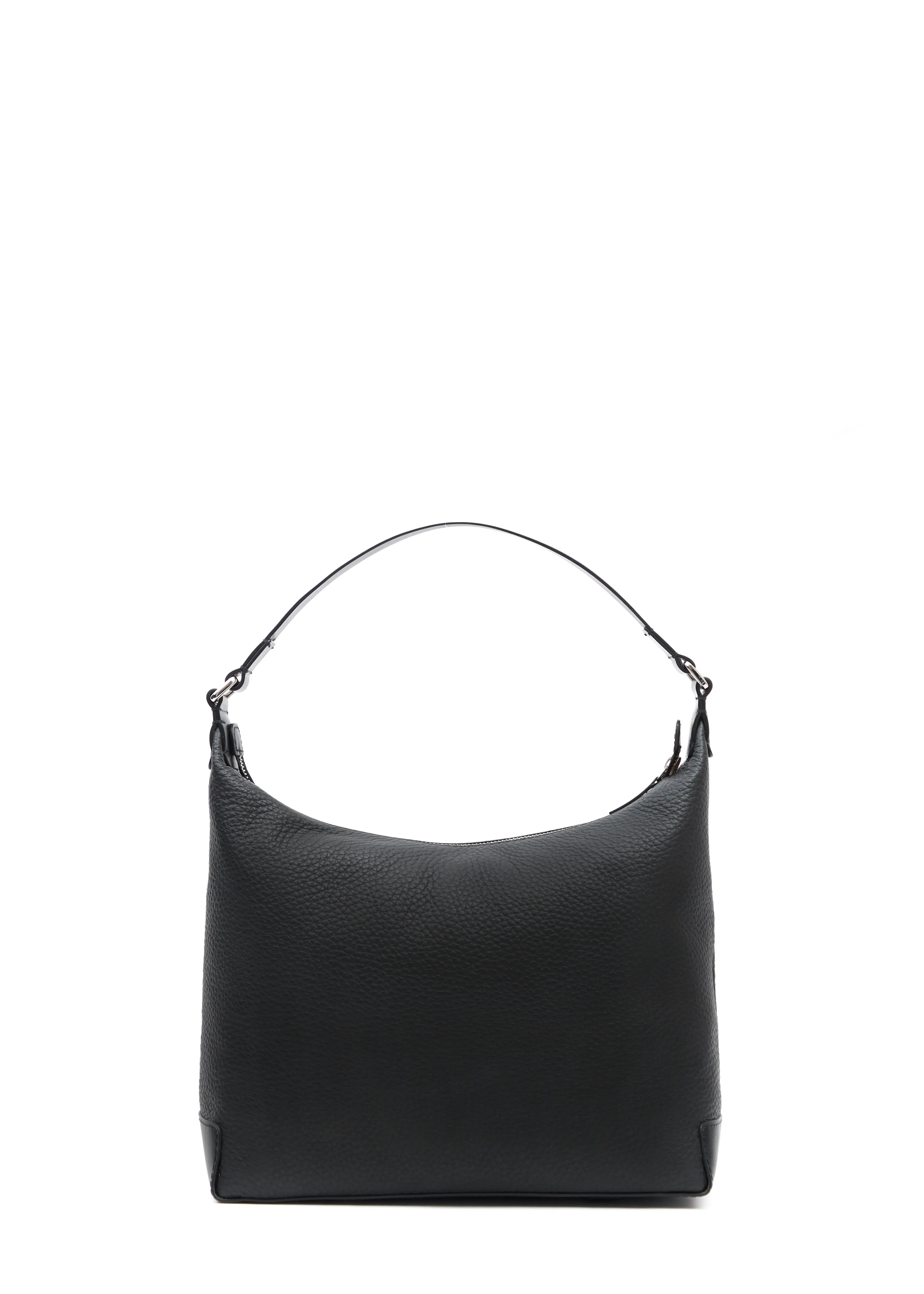 Back view of the Philini Yana Black Leather Hobo Bag, made from premium buffalo leather with a single handle attached by a square ring. The design features reinforced leather corners at the bottom, combining sustainable craftsmanship with timeless elegance.