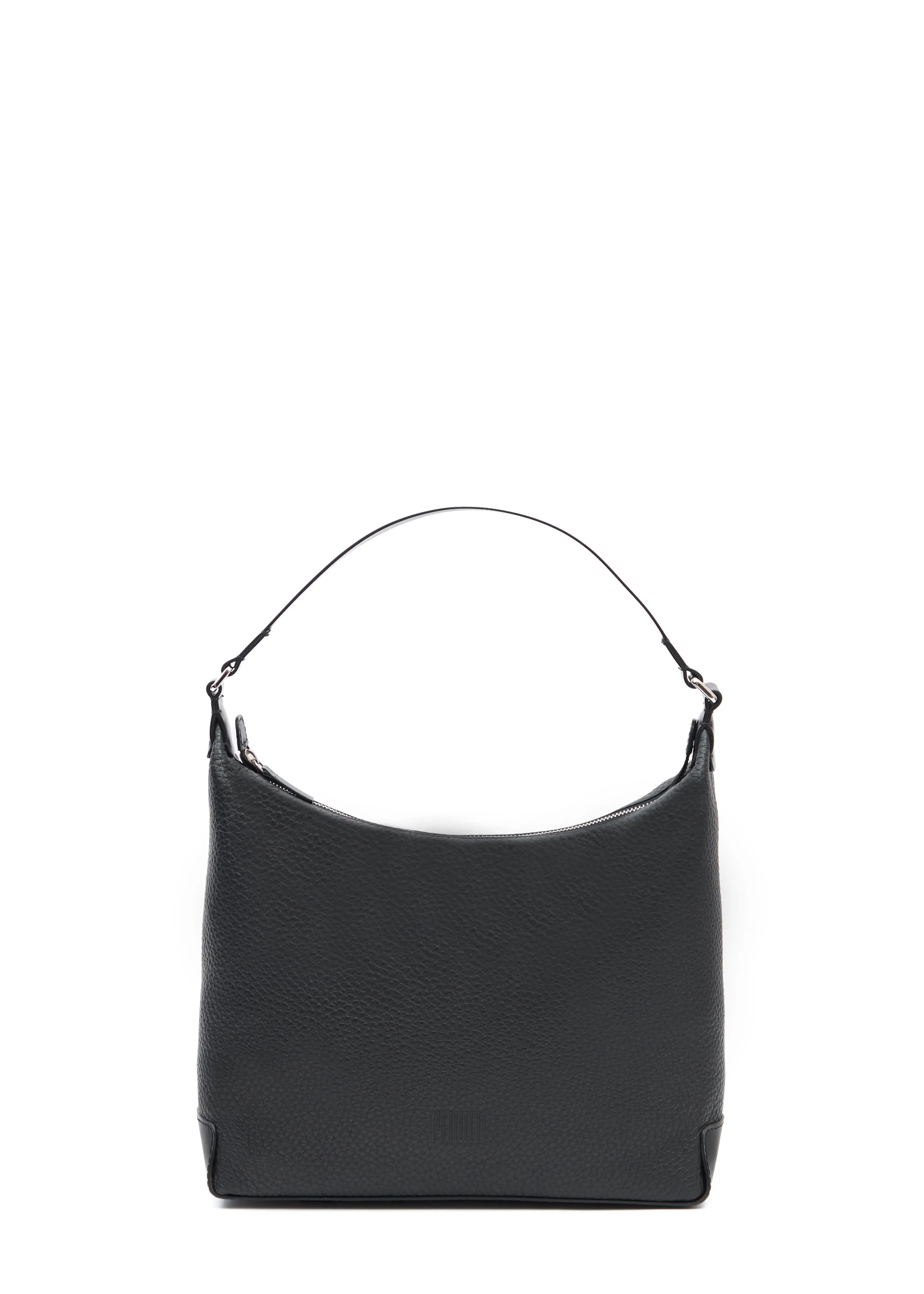 Front view of the Philini Yana Black Leather Hobo Bag, crafted from luxurious buffalo leather with a single handle featuring a ring and square tab. A sustainable designer handbag blending premium craftsmanship and eco-friendly elegance