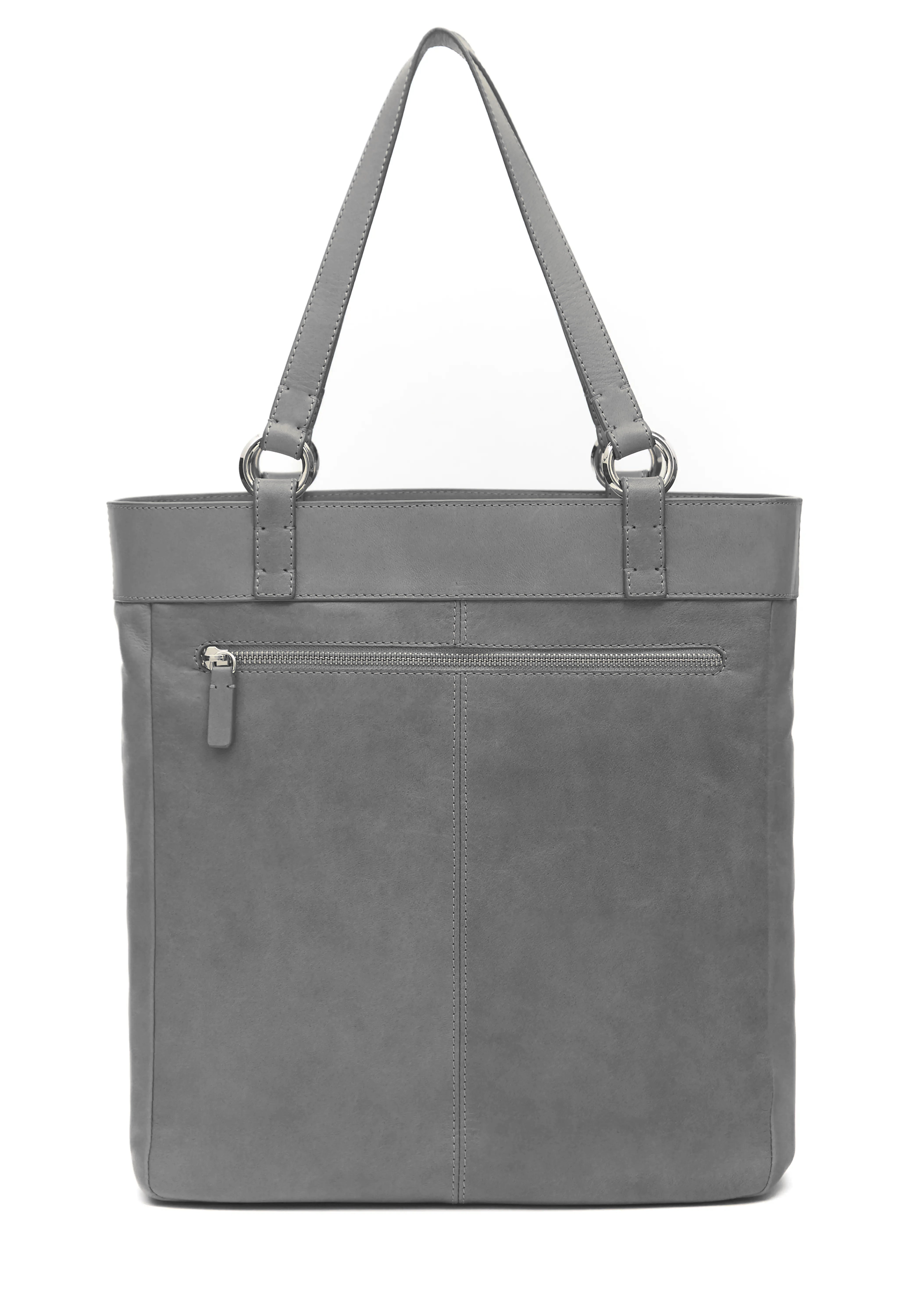 Back view of the Philini Elena Grey Tote Bag in smooth grey aniline leather, featuring a back zipper pocket, handles with silver hoops and hand stitches. The tote is a luxury accessory.