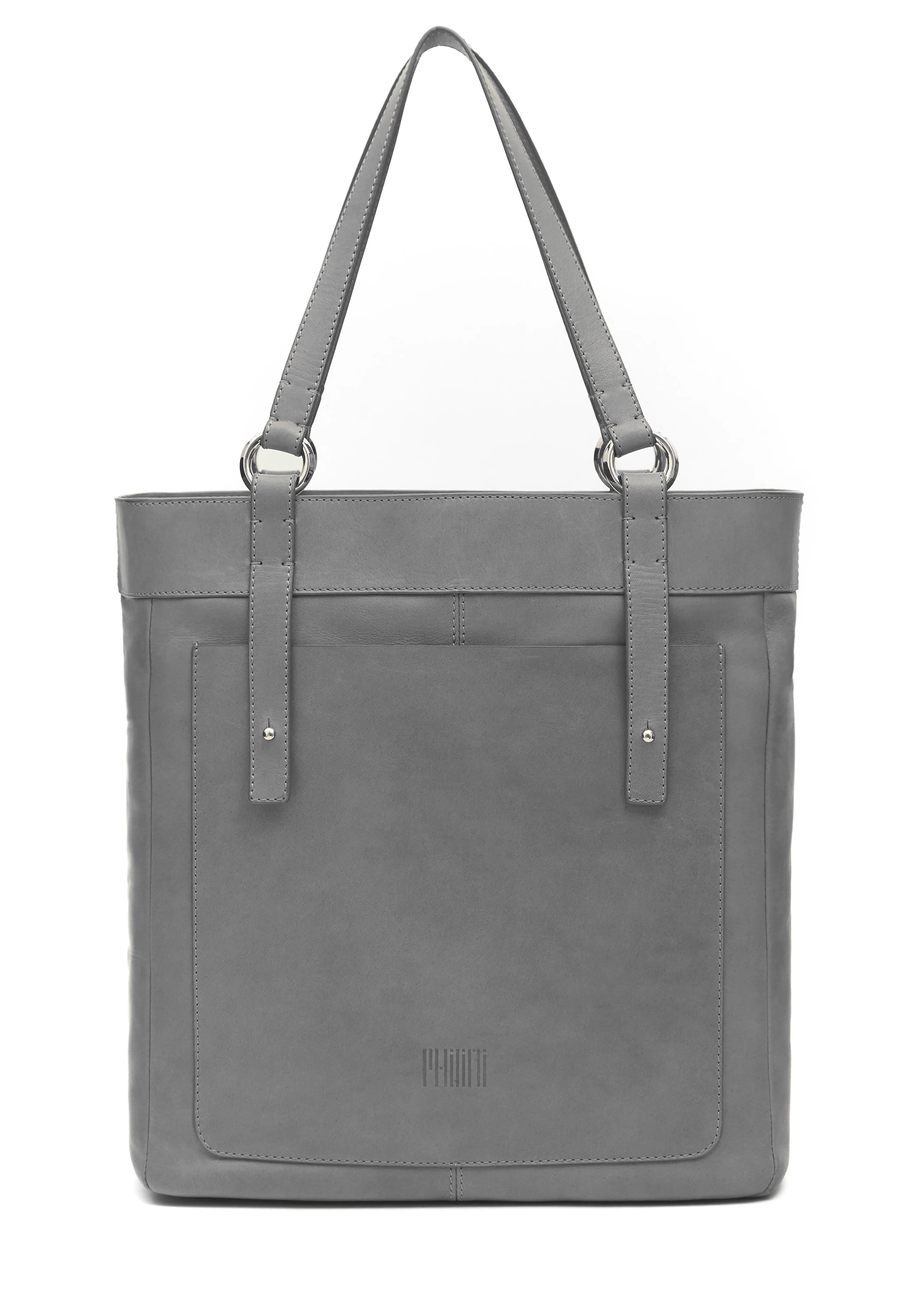 Front view of the Philini Elena Grey Tote Bag in fine grey aniline leather with a front pocket, hand-stitched handles and silver hoops. A sleek, minimal-chic designer accessory for conscious luxury