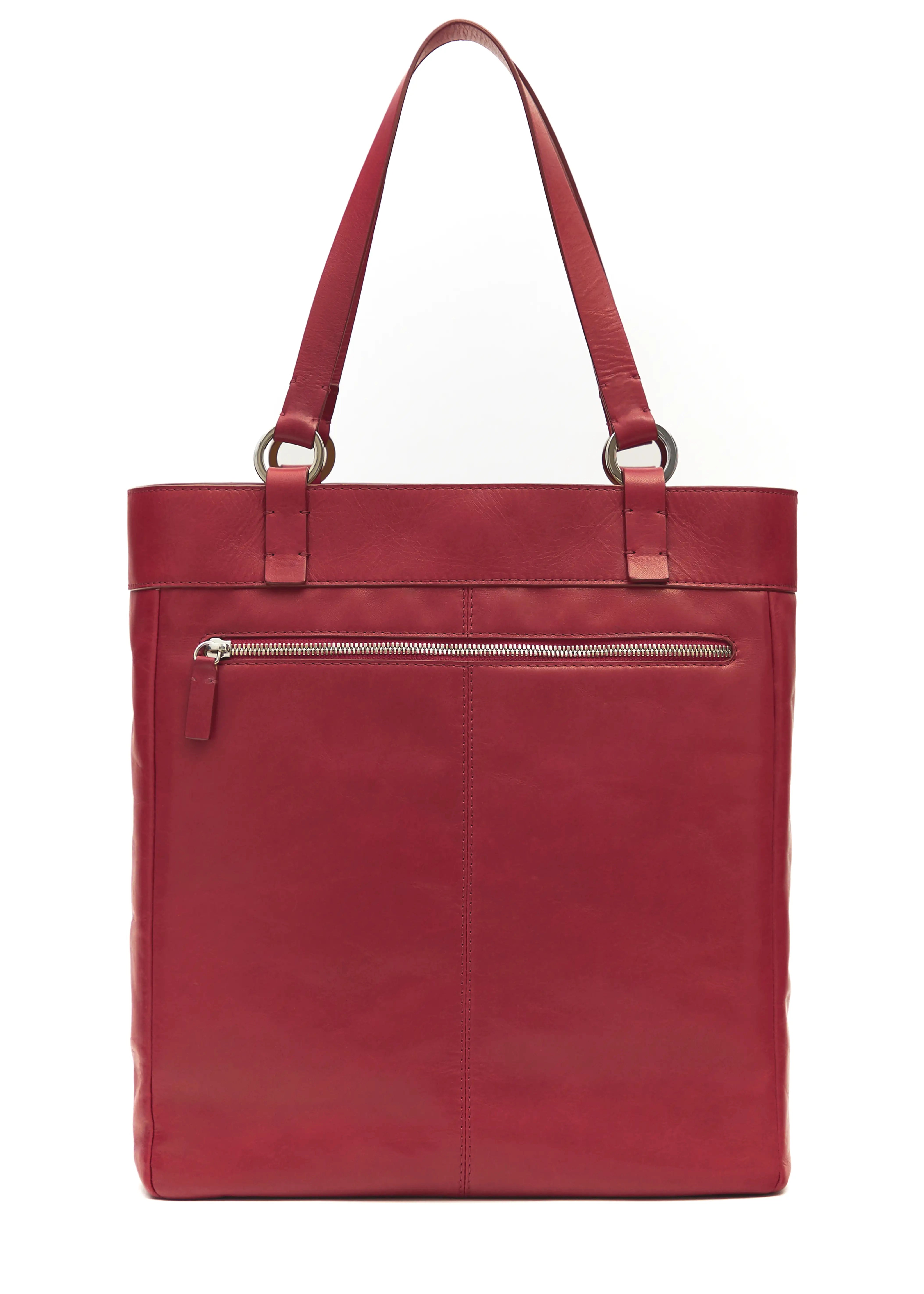 Back view of the Philini Elena Red Tote Bag in red aniline leather, highlighting its tote silhouette, zippered back compartment, and handles with silver hoop accents. This sustainable, handcrafted luxury leather handbag is a timeless accessory.