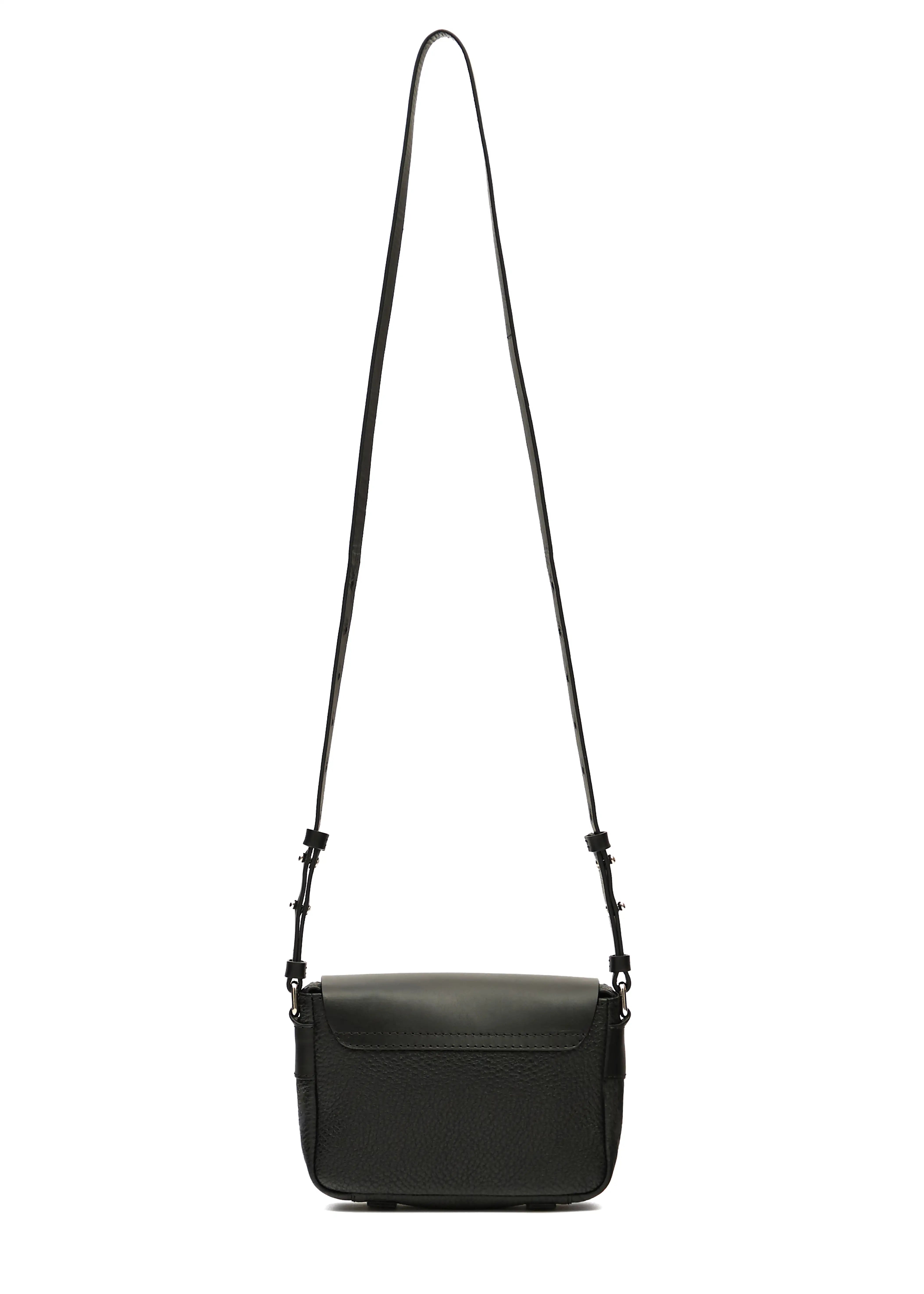Back view of the Philini Whitney Black Leather Bag, featuring a buffalo leather back, adjustable leather strap with silver details, and a sleek rectangular design. A sustainable handmade designer bag crafted from premium materials in Germany