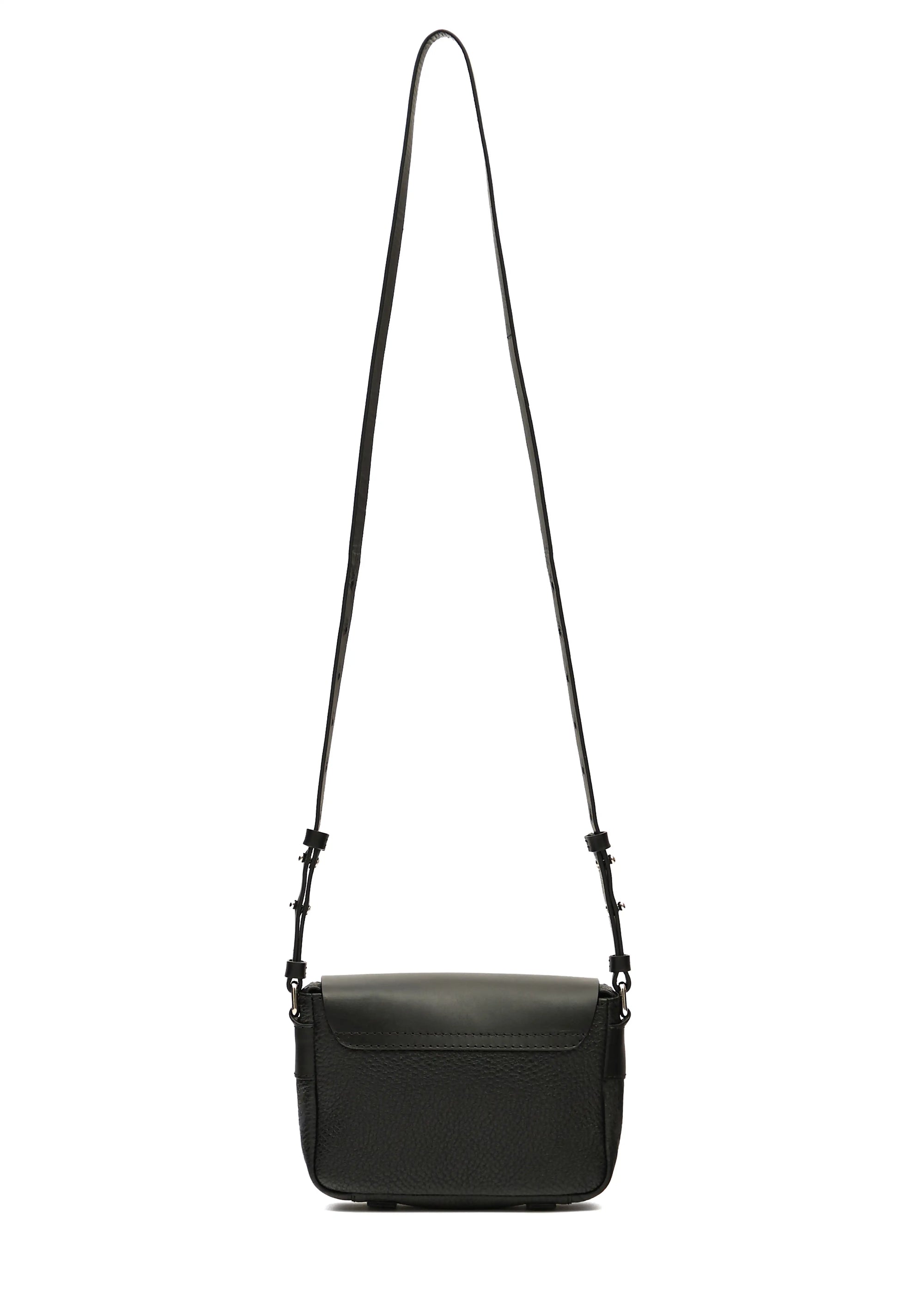 Back view of the Philini Whitney Black Leather Bag, featuring a buffalo leather back, adjustable leather strap with silver details, and a sleek rectangular design. A sustainable handmade designer bag crafted from premium materials in Germany