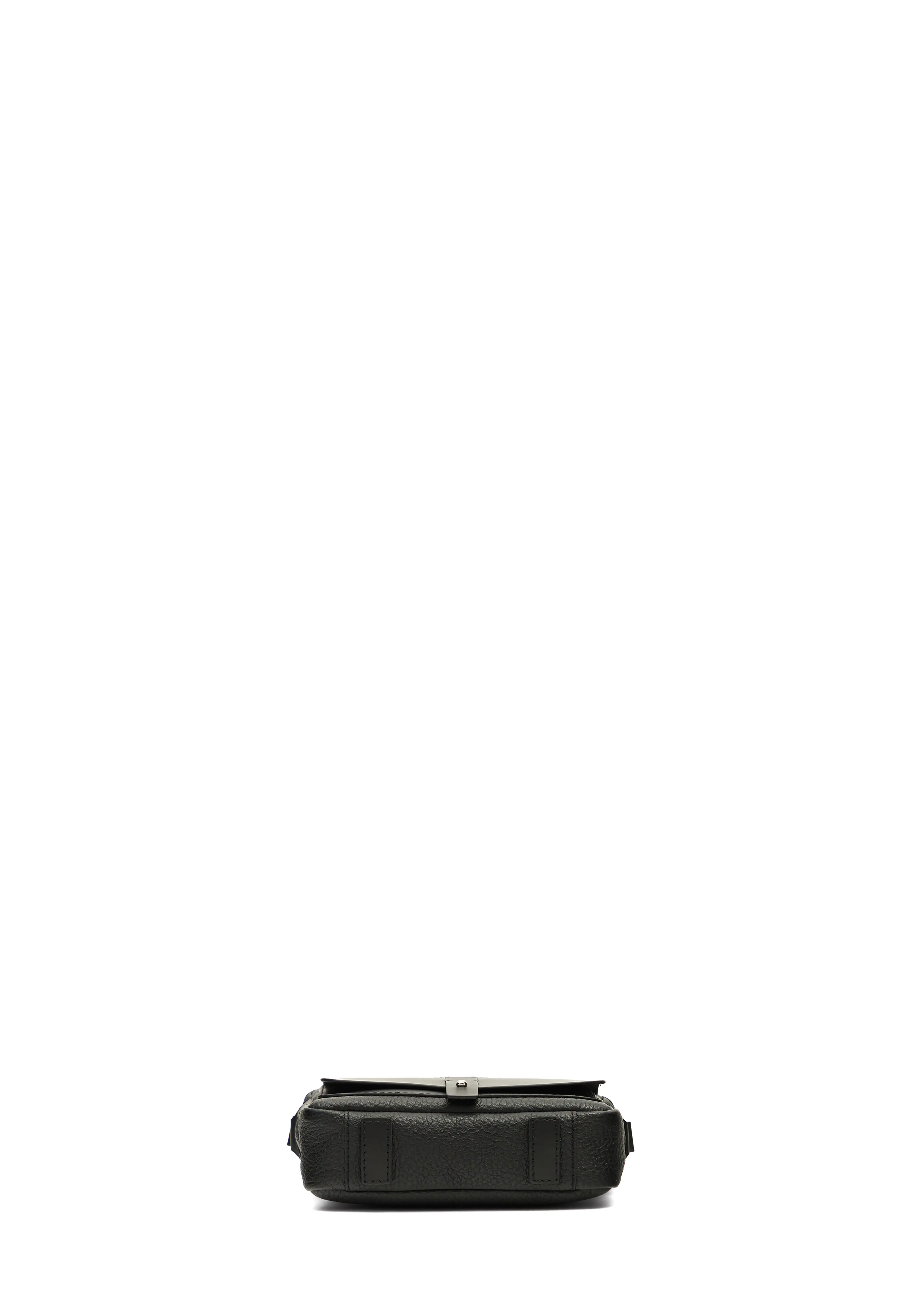 Bottom view of the Philini Whitney Black Leather Bag, featuring a rectangular design, buffalo leather and full-grain, and two small leather pads as protective feet. A sustainable, handcrafted designer bag made from hight-quality materials