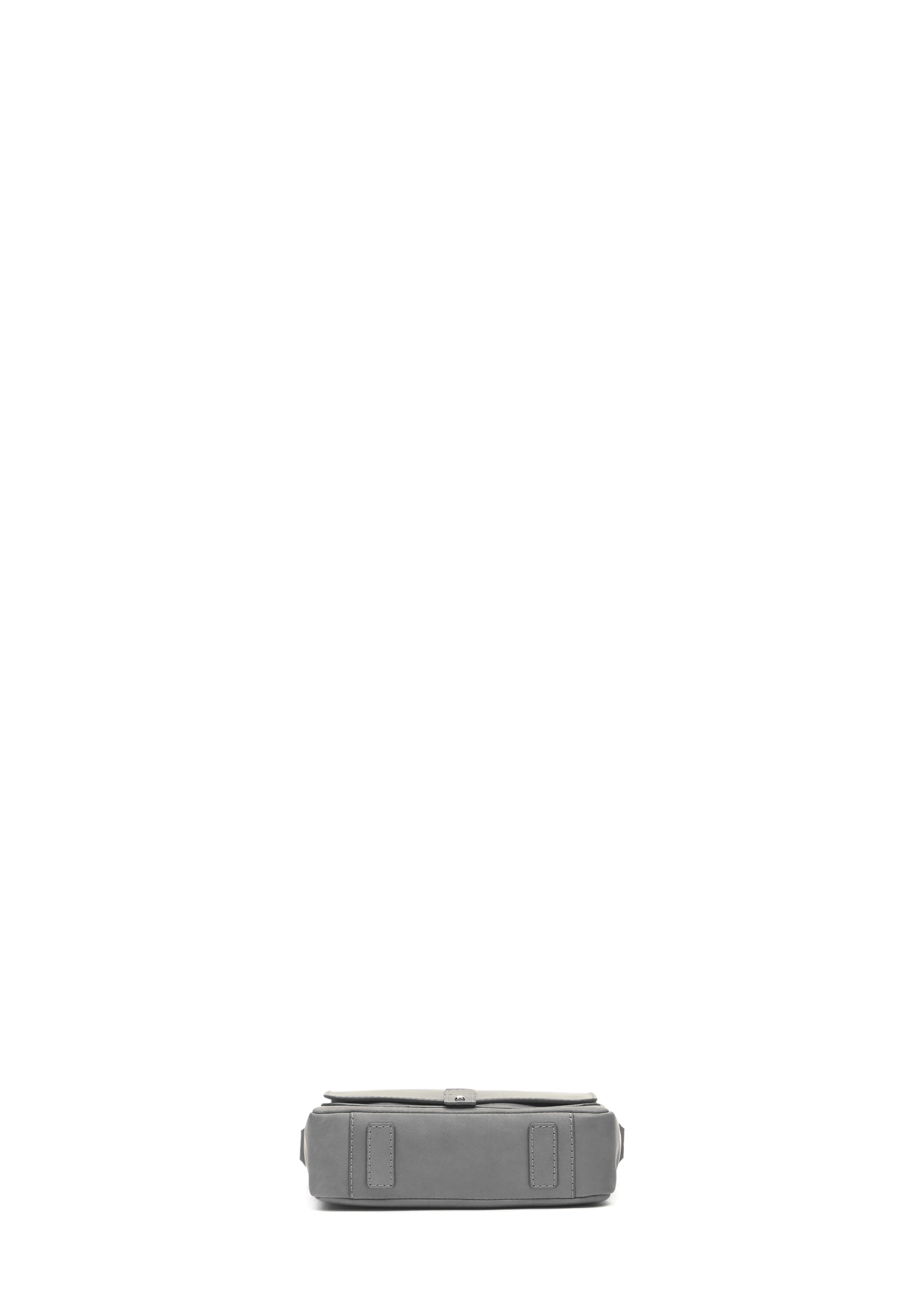 Bottom view of the grey Philini Whitney Mini Crossbody Bag in nappa leather, with leather pads and silver cufflink closure. A stylish mini leather crossbody and compact shoulder bag for everyday looks.