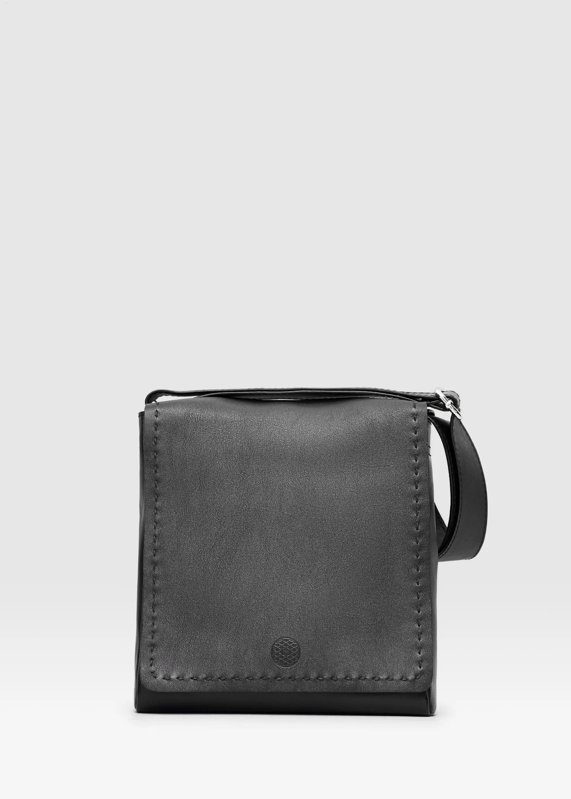 Front view of the Philini Anastasia Black Messenger Bag in aniline leather with adjustable strap and full-flap front