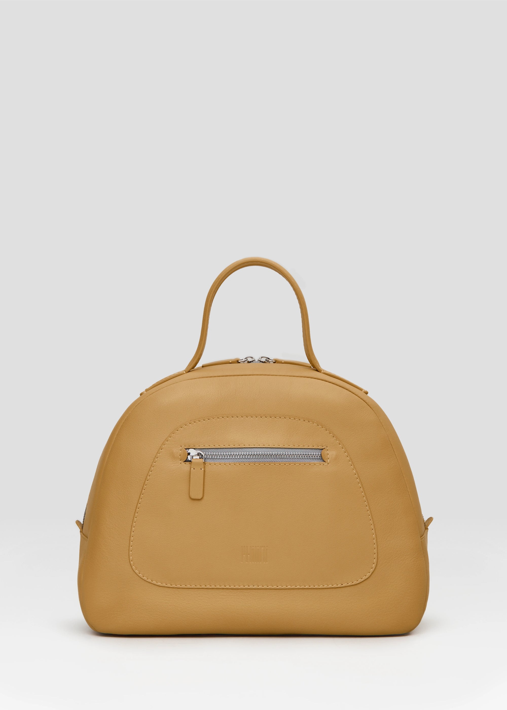 Front view of the Philini Domi Yellow Handbag in nappa leather with short handles, silver rivets, and front zip pocket