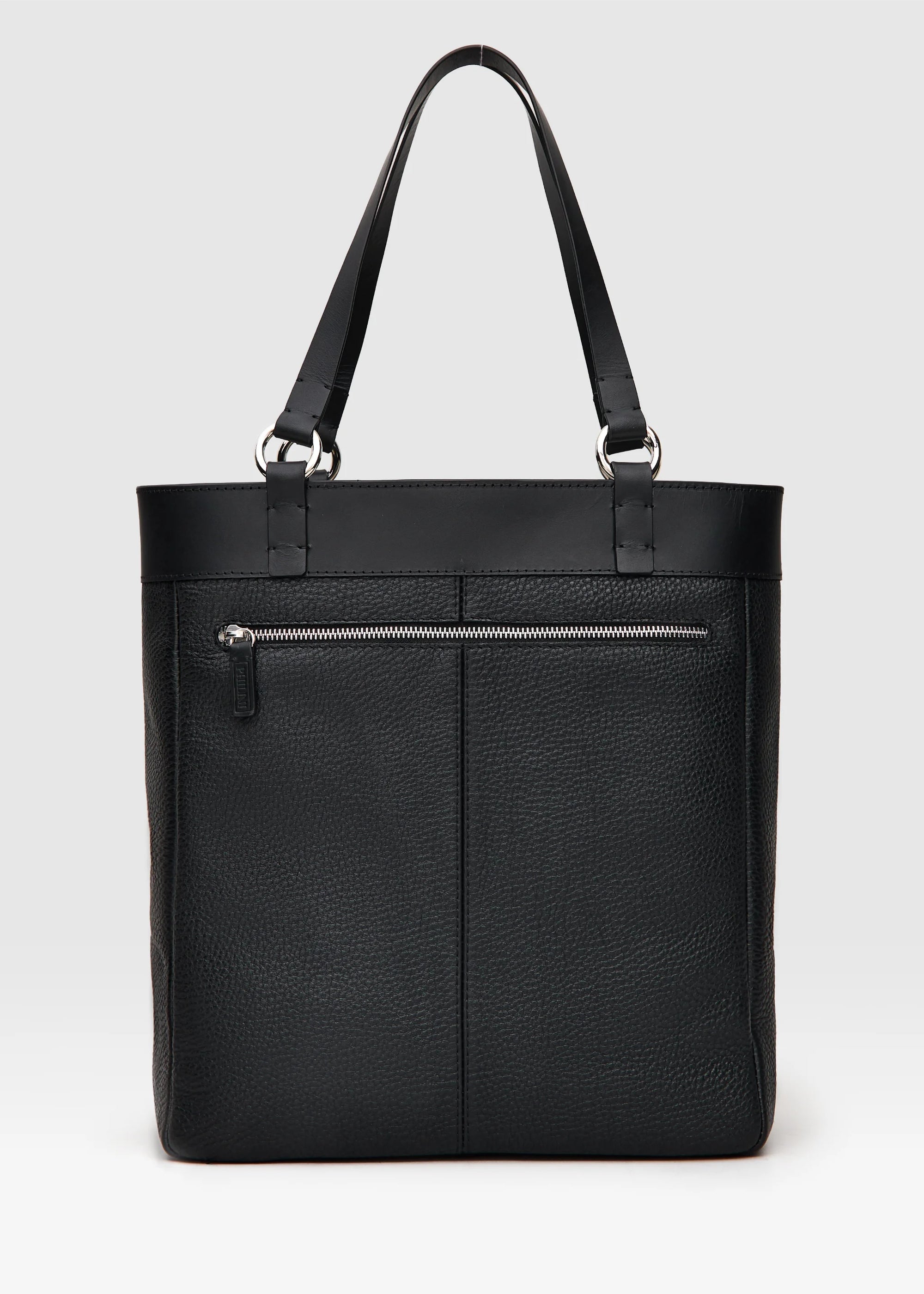 Back view of the Philini Elena Black Tote Bag, showcasing a zipper pocket, premium leather construction, and silver details on the leather handles 