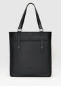 Front view of the Philini Elena Black Tote Bag crafted from two types of leather with a full-grain leather exterior pocket and silver hoops as details on the handles. This timeless and sustainable bag is perfect for modern women seeking elegance and functionality. 