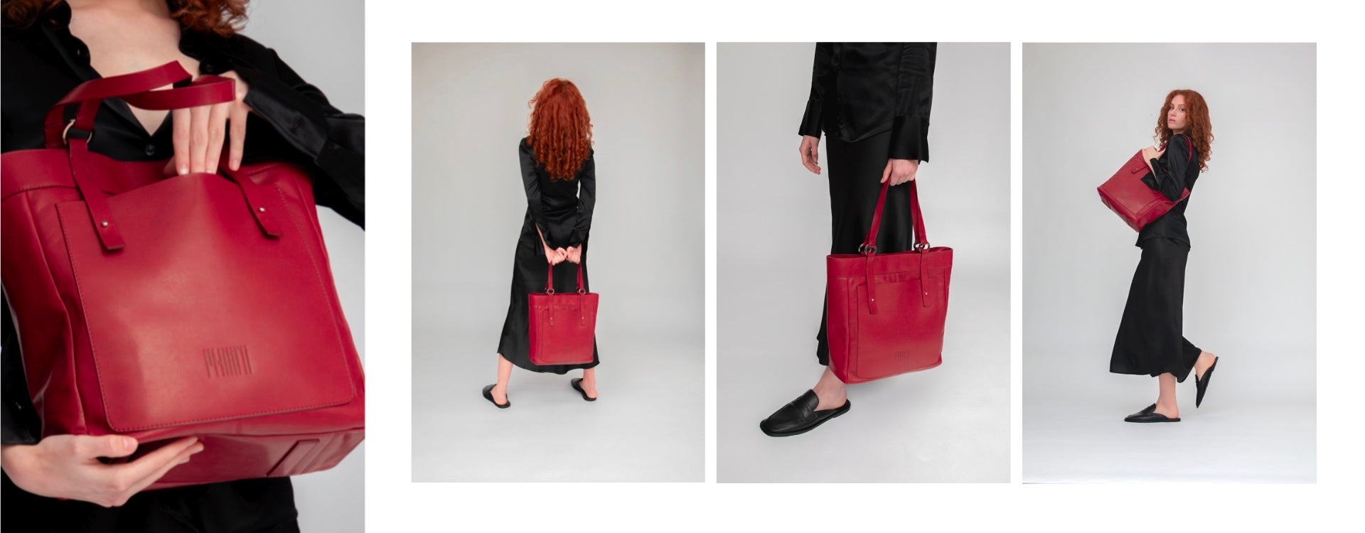 Red tote made from aniline leather created by fashion brand Philini