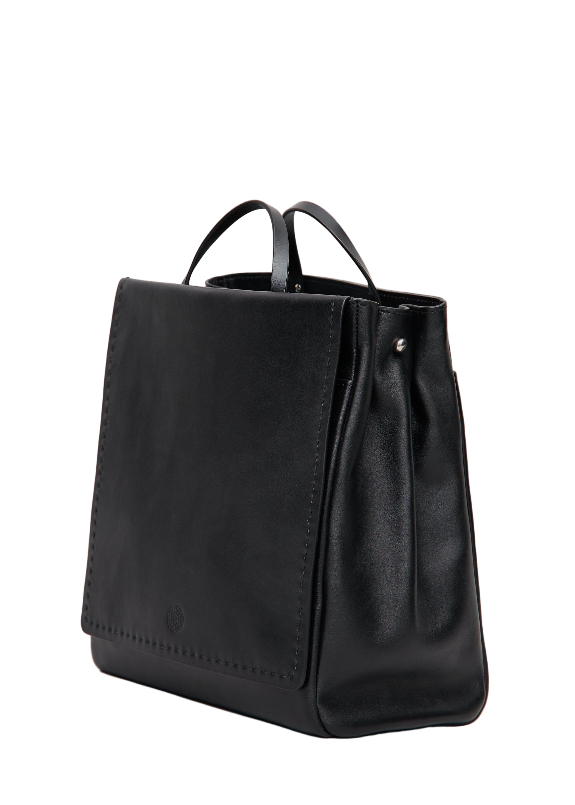 Black leather business bag on a light gray background