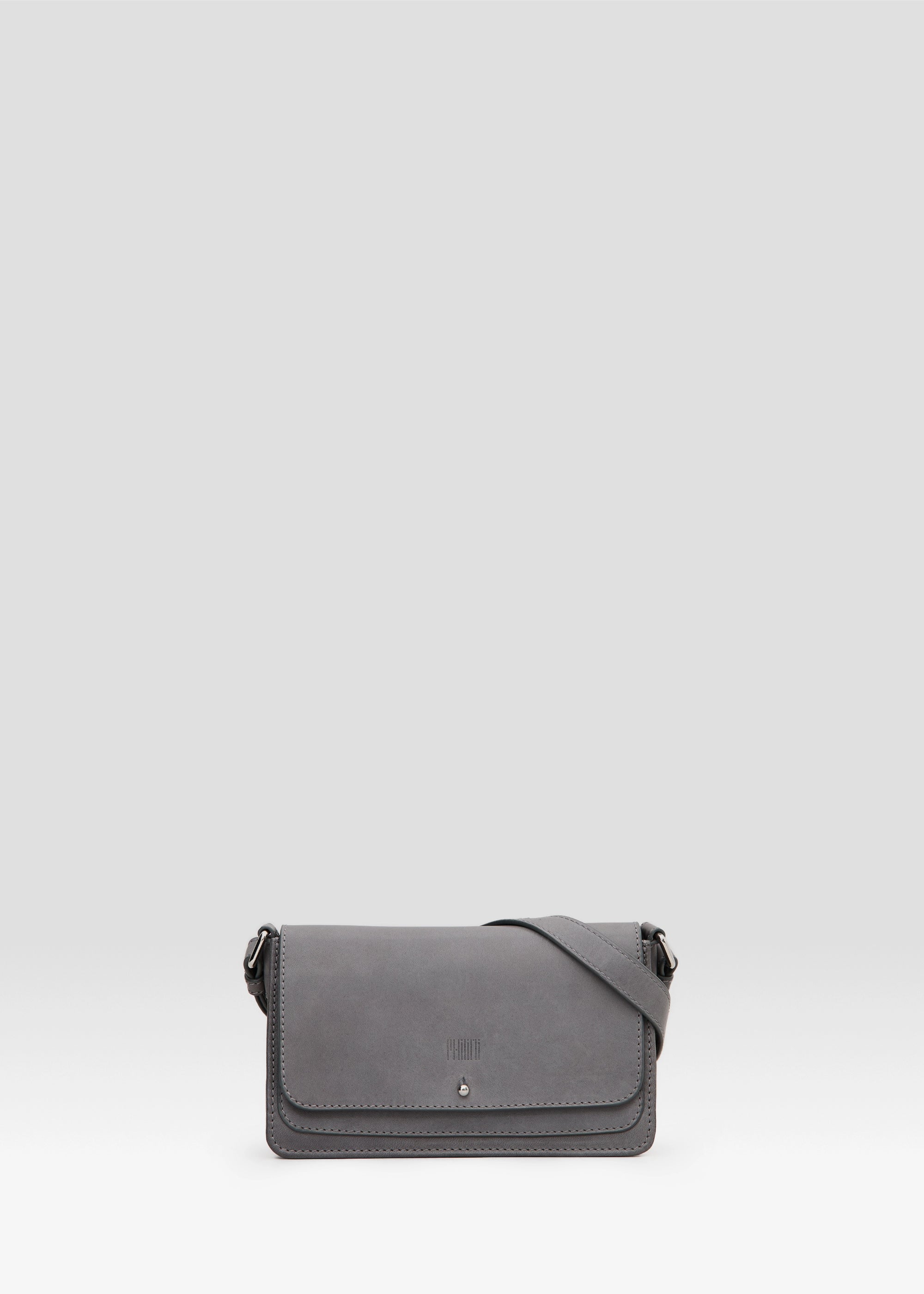 Front view of the Philini Mihaela Grey Crossbody Wallet Bag in nappa leather with adjustable leather strap and silver push button closure