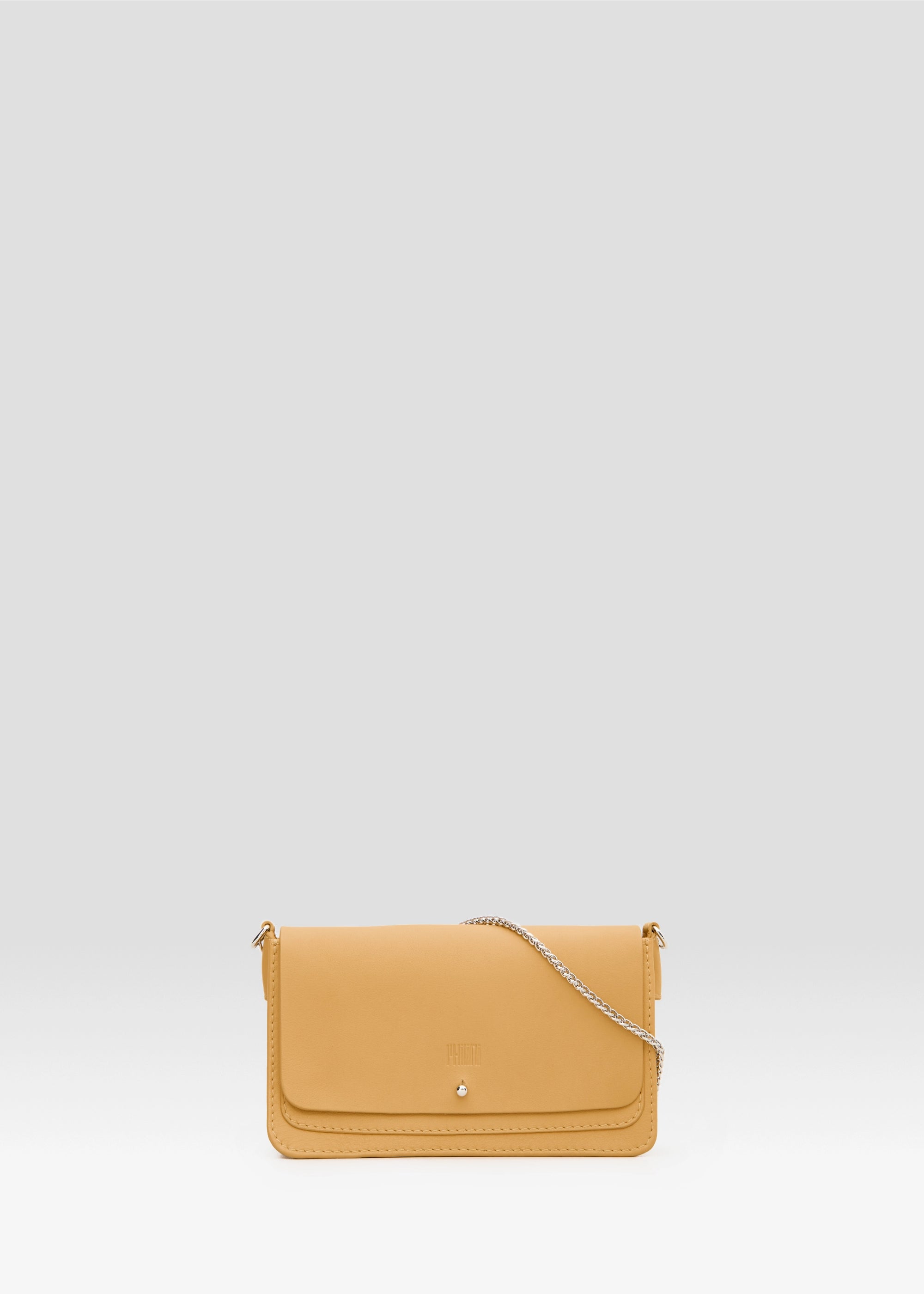 Front view of the Philini Mihaela Yellow Wallet Bag in nappa leather with metal chain handle and silver cufflink closure