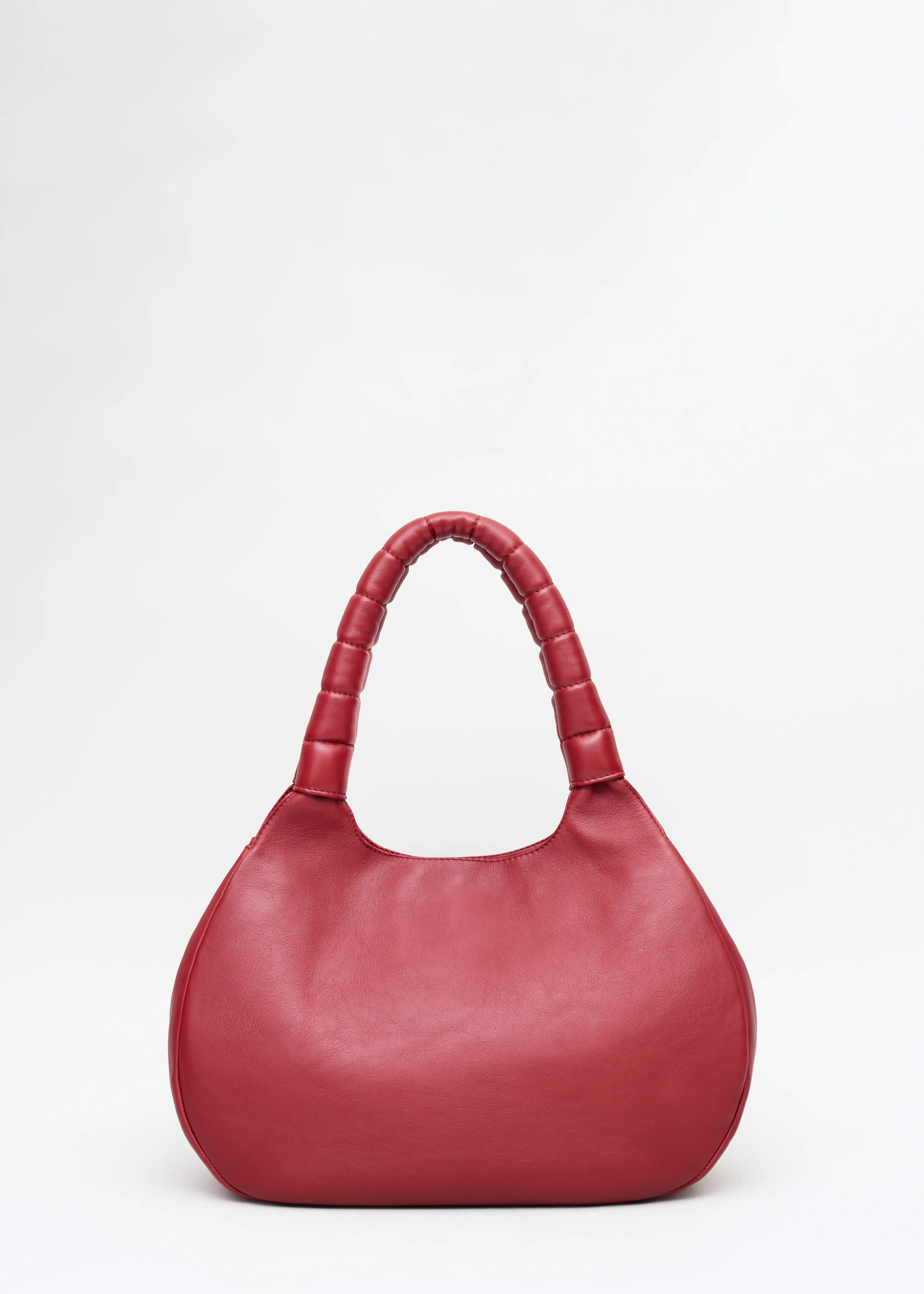 Front view of the Philini Adreann Hobo Bag in red nappa leather, featuring two integrated soft handles and a stamped logo. Individually crafted leather hobo tote 