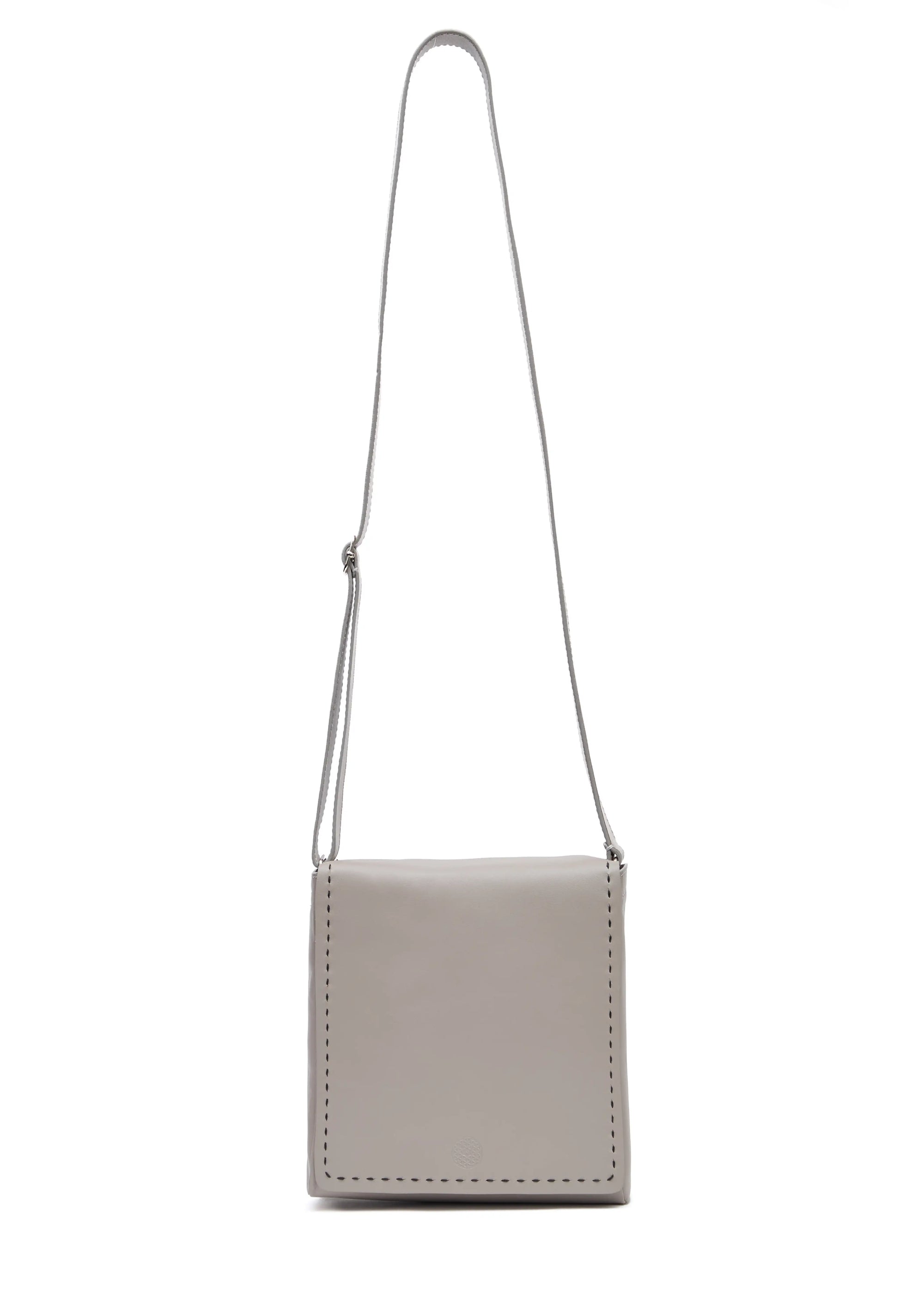 Front view of the Philini Anastasia Taupe Messenger Bag in aniline leather with adjustable strap and full-flap front