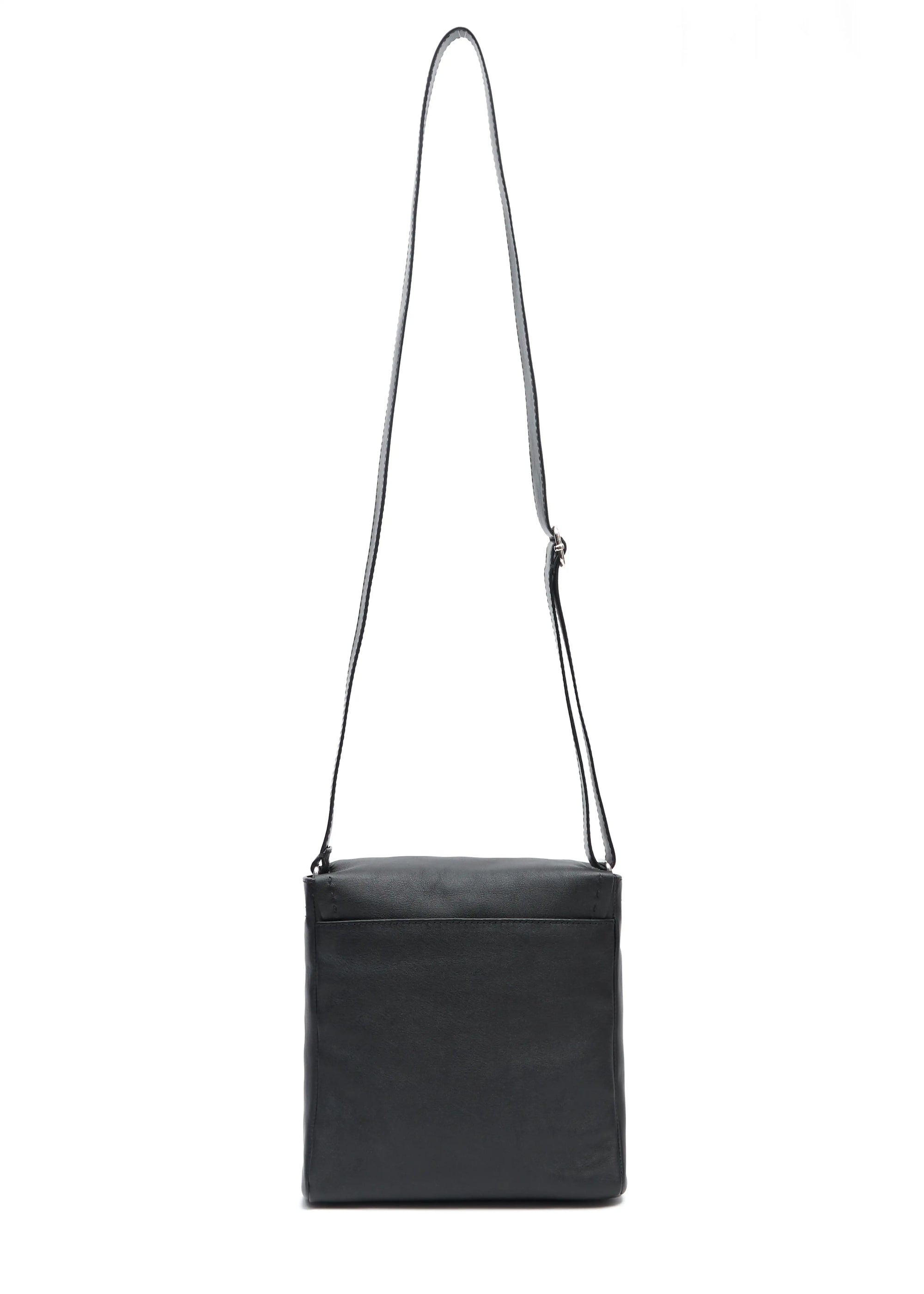 Back view of the Philini Anastasia Messenger Bag in black aniline nappa leather, square shape with adjustable leather strap. Sleek handcrafted leather crossbody purse
