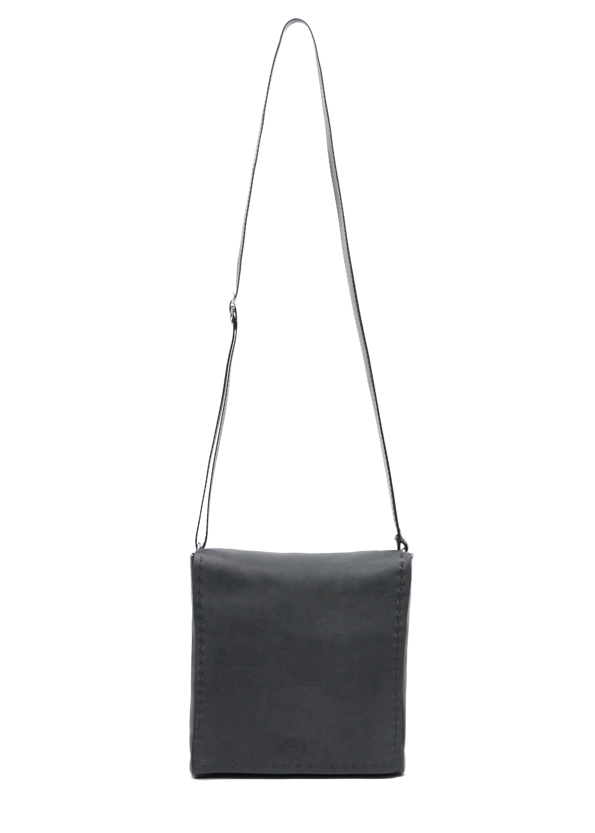 Front view of the Philini Anastasia Black Messenger Bag in aniline leather with adjustable strap and full-flap front
