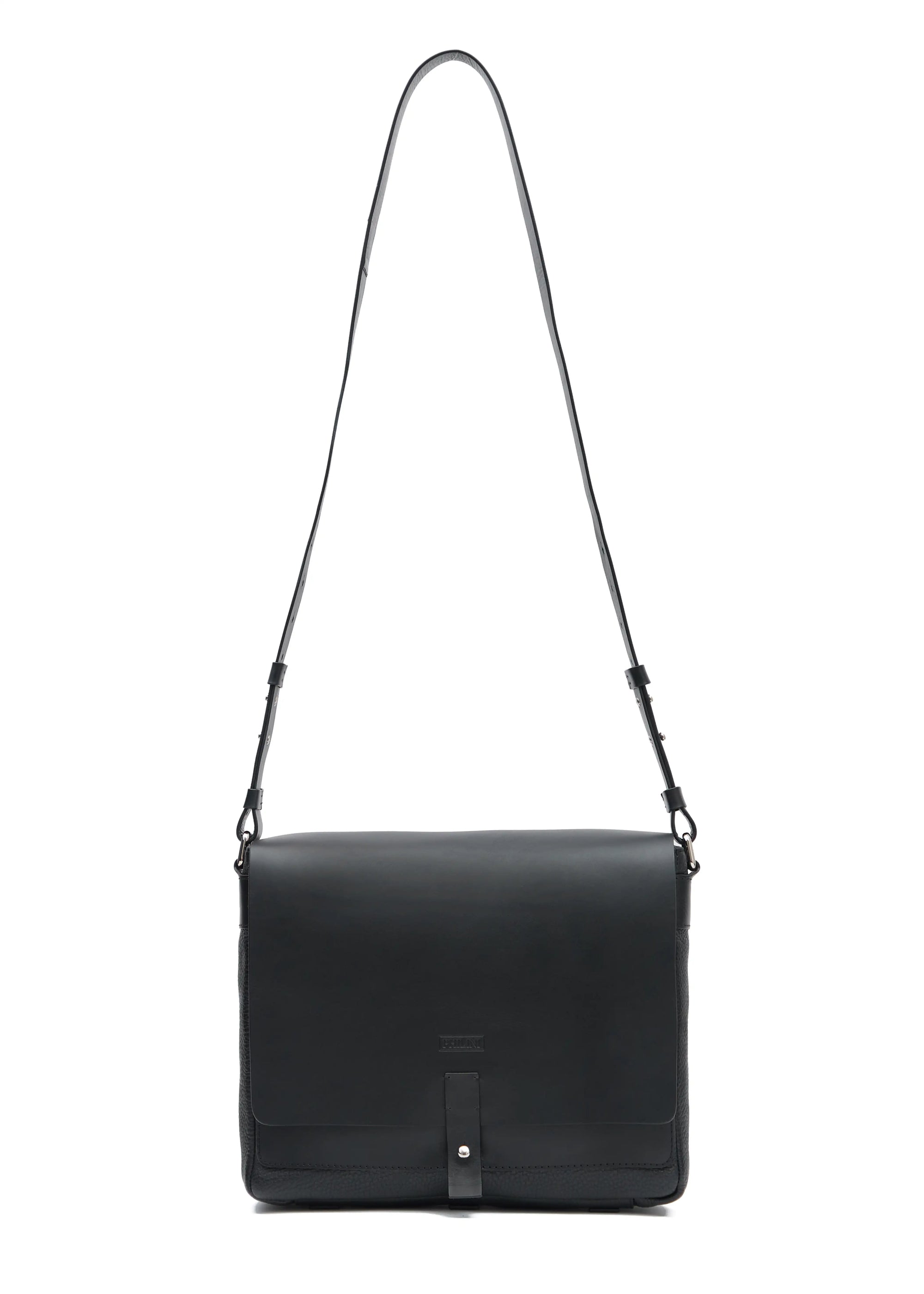 Philini Aneta Bag in black, a luxurious handcrafted leather messenger bag designed for women who value timeless elegance, sustainability, and individuality. Featuring a sleek rectangular design with top handles and a detachable shoulder strap, this versatile bag is perfect for professional and casual occasions.