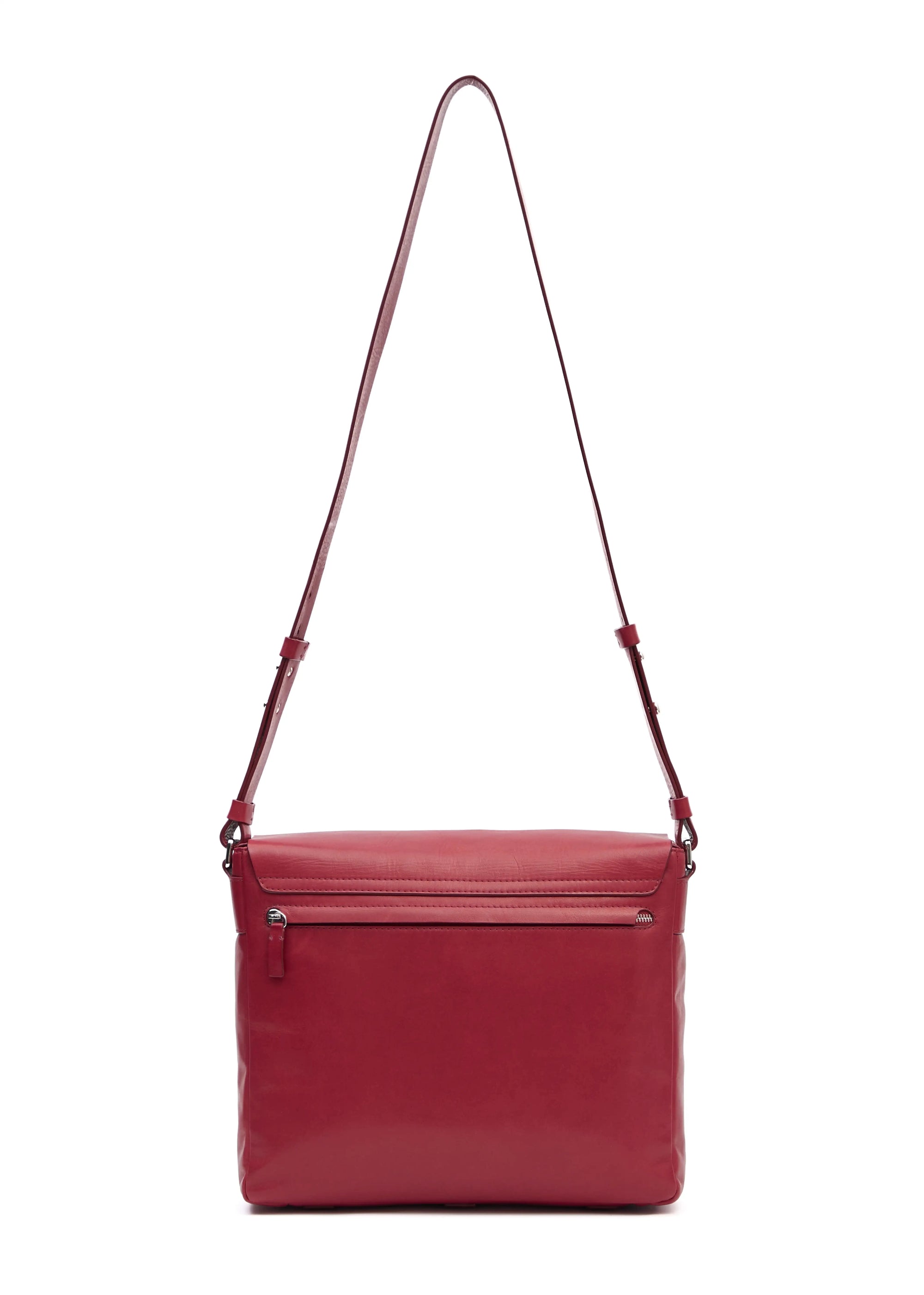 Back view of the Philini Aneta Bag in red, crafted from premium aniline leather. Features a hidden zipper pocket, adjustable leather strap, and silver-toned accents. Designed with a structured silhouette and handcrafted detailing