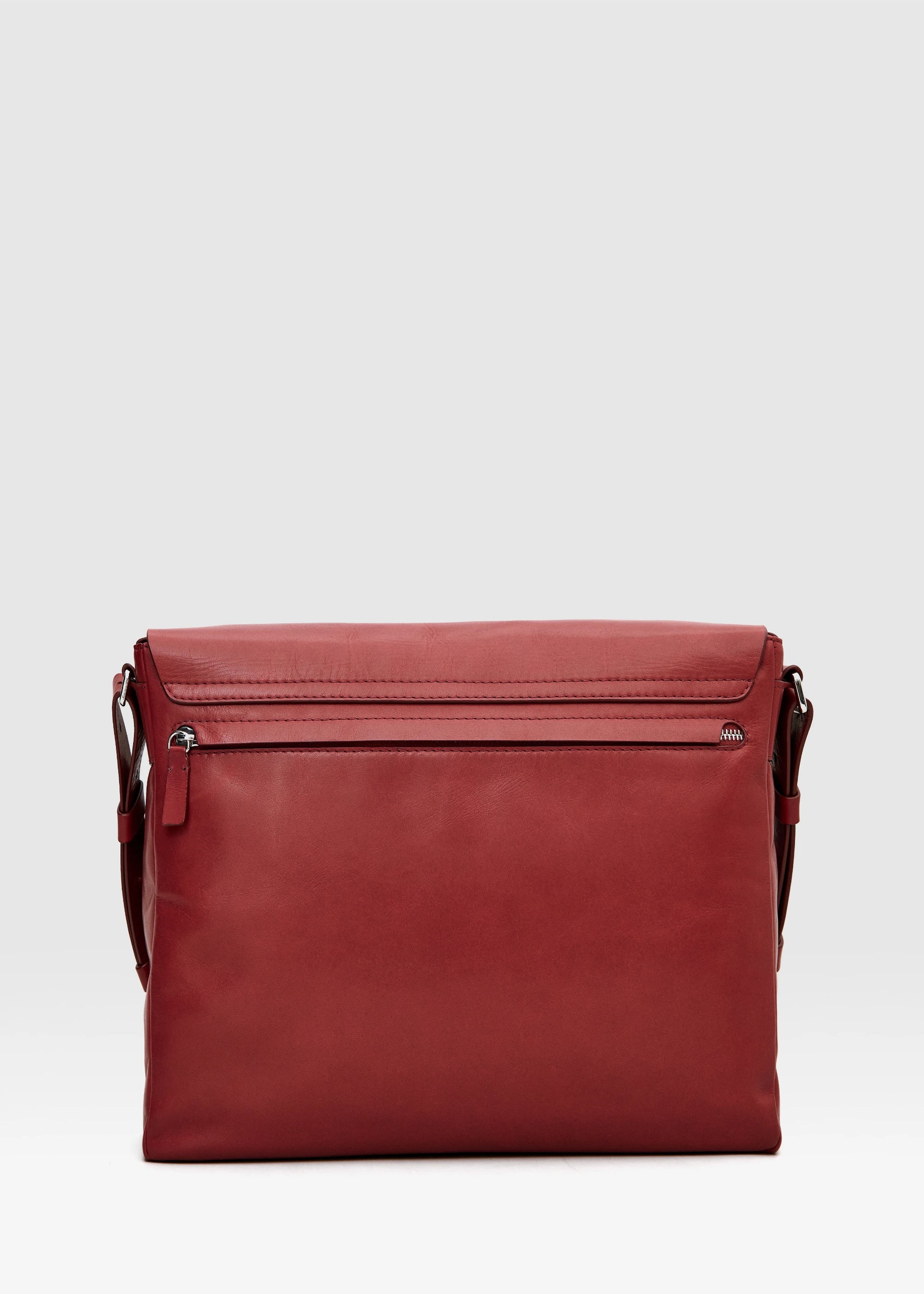 Back view of the Philini Aneta Bag in red, crafted from premium aniline leather. Features a hidden zipper pocket, adjustable leather strap, and silver-toned accents. Designed with a structured silhouette and handcrafted detailing