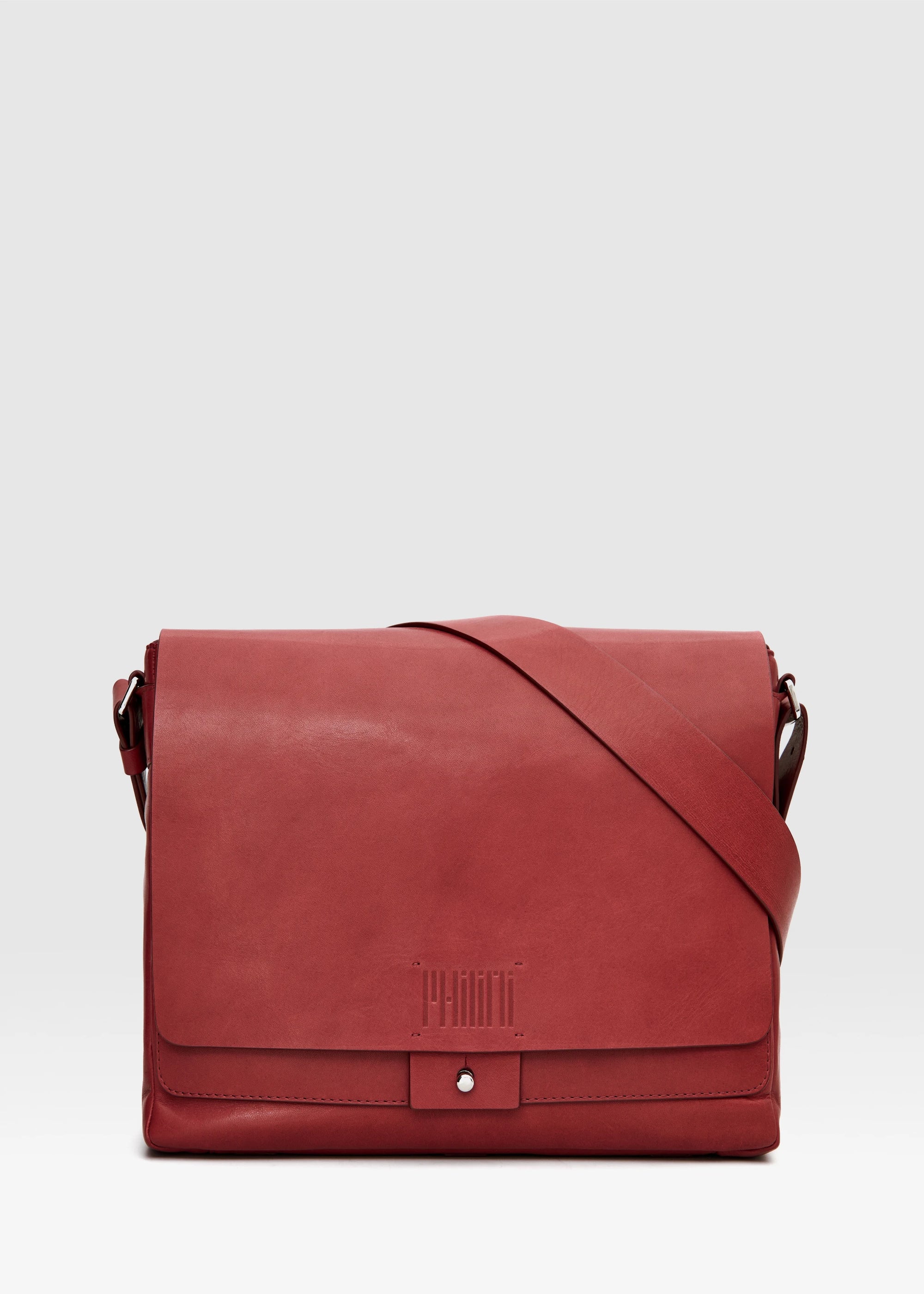 Front view of the Philini Aneta Red Messenger Bag in leather with adjustable strap and silver details