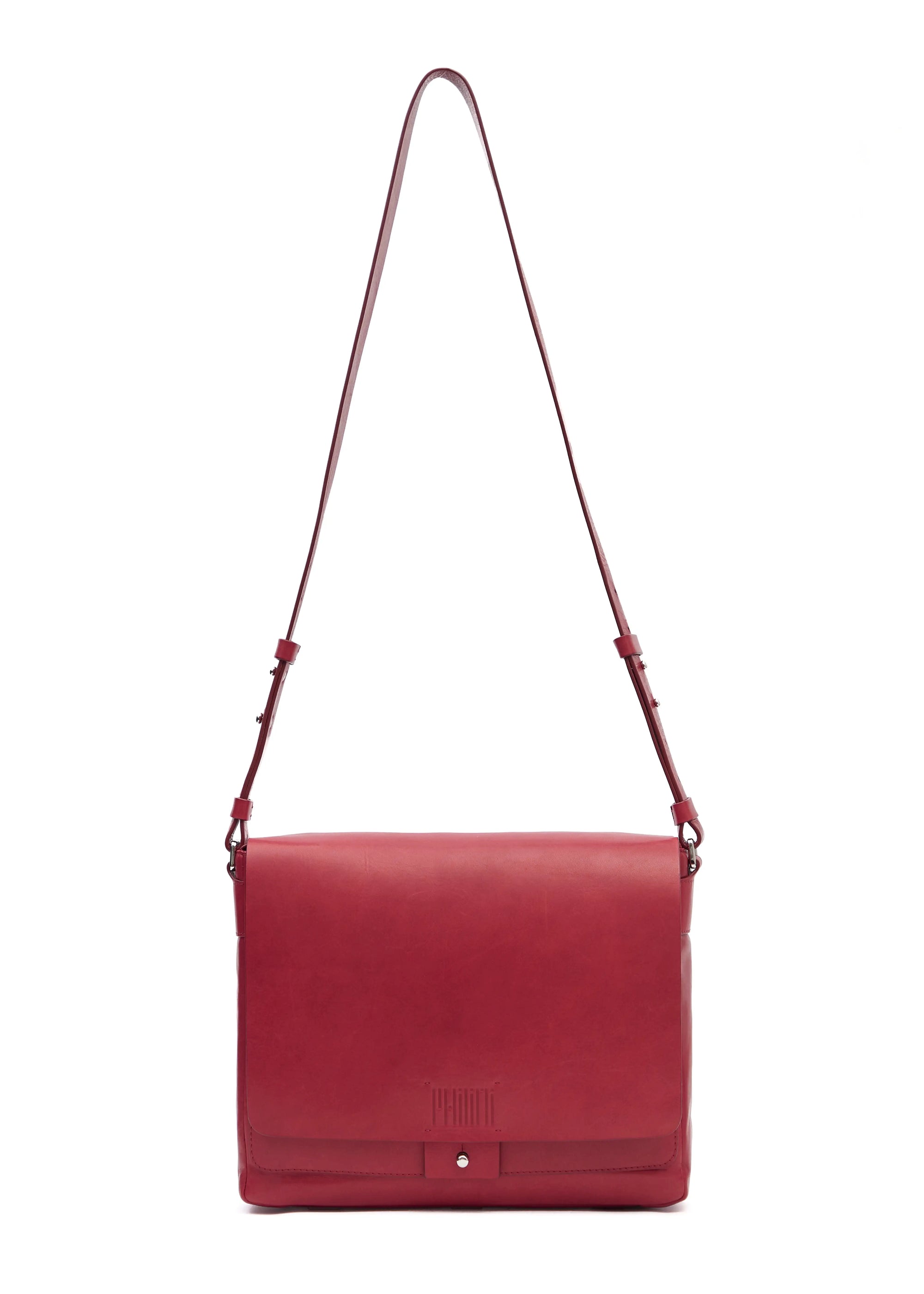 Front view of the Philini Aneta Red Messenger Bag in leather with adjustable strap and silver details