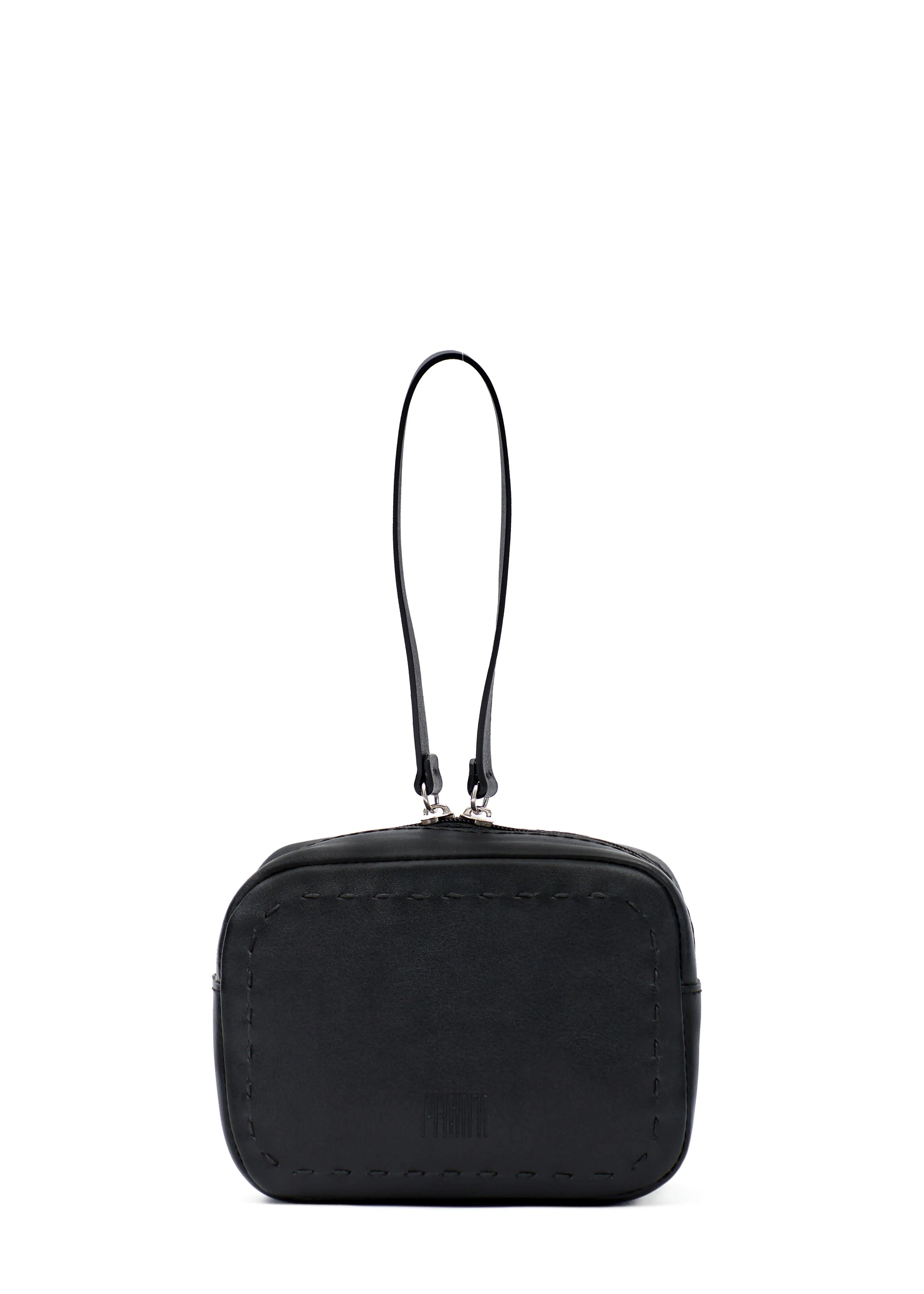 Close front view of the Philini Anny Cosmetic Bag in black aniline leather, showcasing a structured silhouette with zip closure, leather pull, and a stamped Philini logo. 