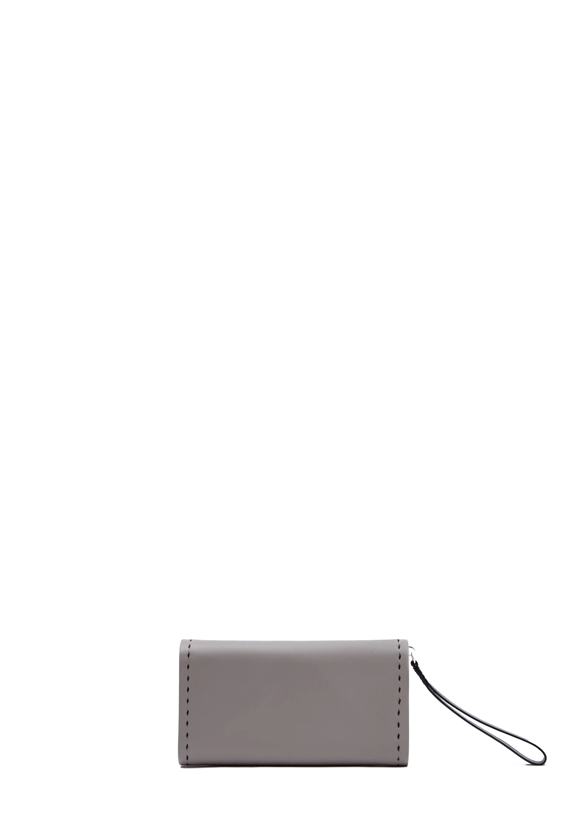 Back view of the Philini Birgit Wallet in taupe nappa leather, rectangular design with short flat handle and visible hand-stitched sides. Handmade luxury leather wallet, minimalist and elegant for women