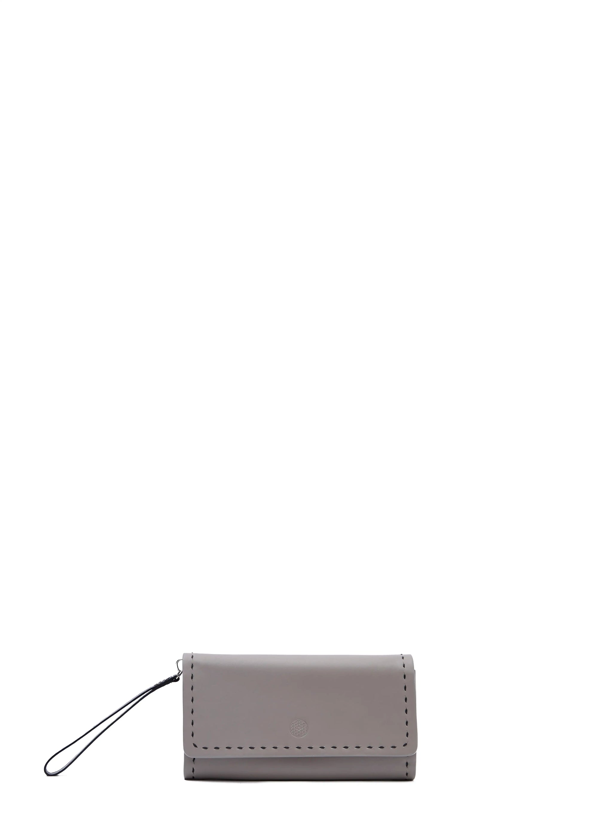 Front view of the Philini Birgit Taupe Wallet in nappa leather with front flap, short handle, and magnetic closure
