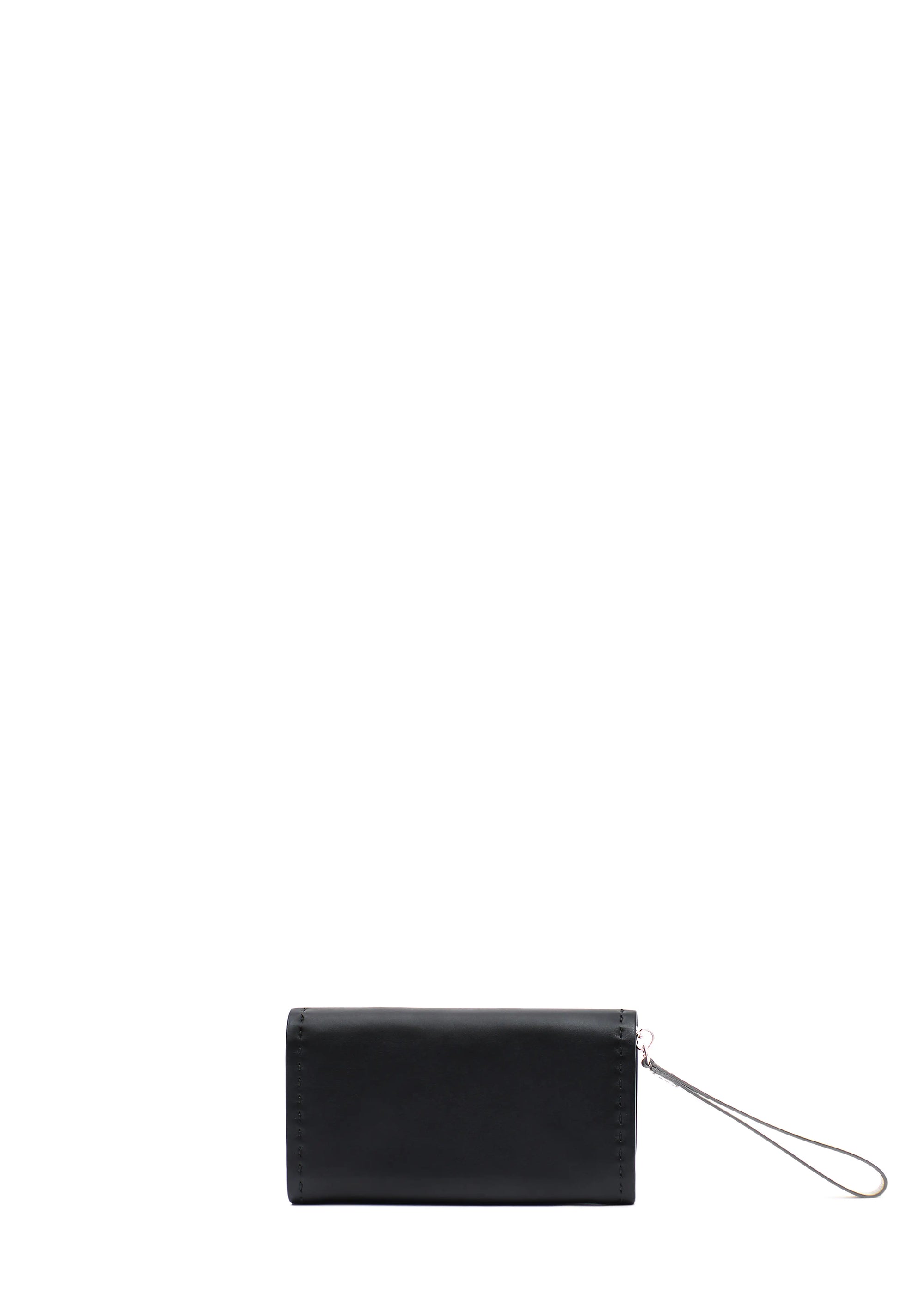 Back view of the Philini Birgit Wallet in black nappa leather, rectangular design with short flat handle and visible hand-stitched sides. Minimalist and elegant black leather wallet, handcrafted for women.