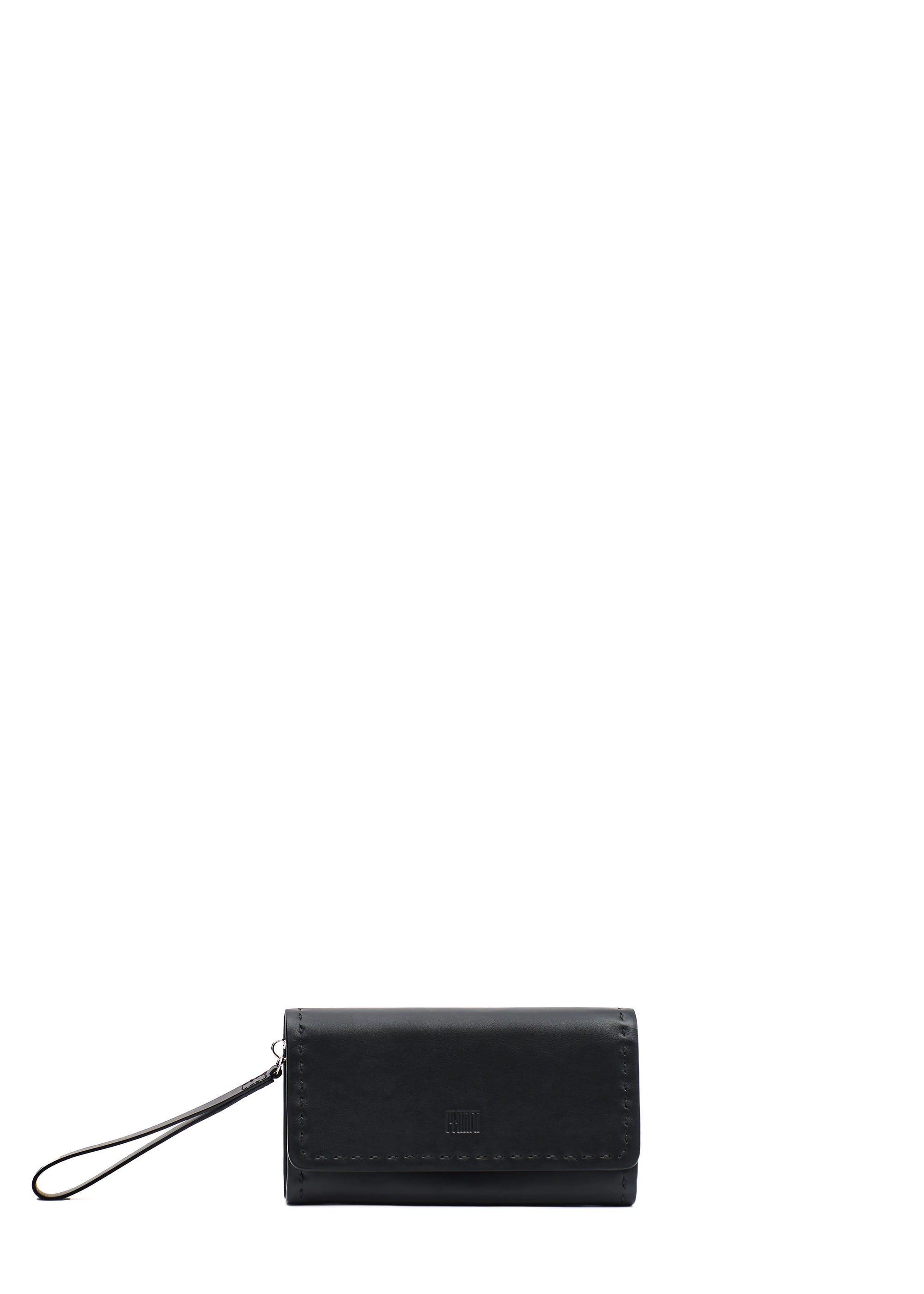 Front view of Philini Birgit Wallet in black nappa leather with front flap, flat handle, stamped Philini logo, and hand-stitched sides. Minimalistic handmade designer wallet