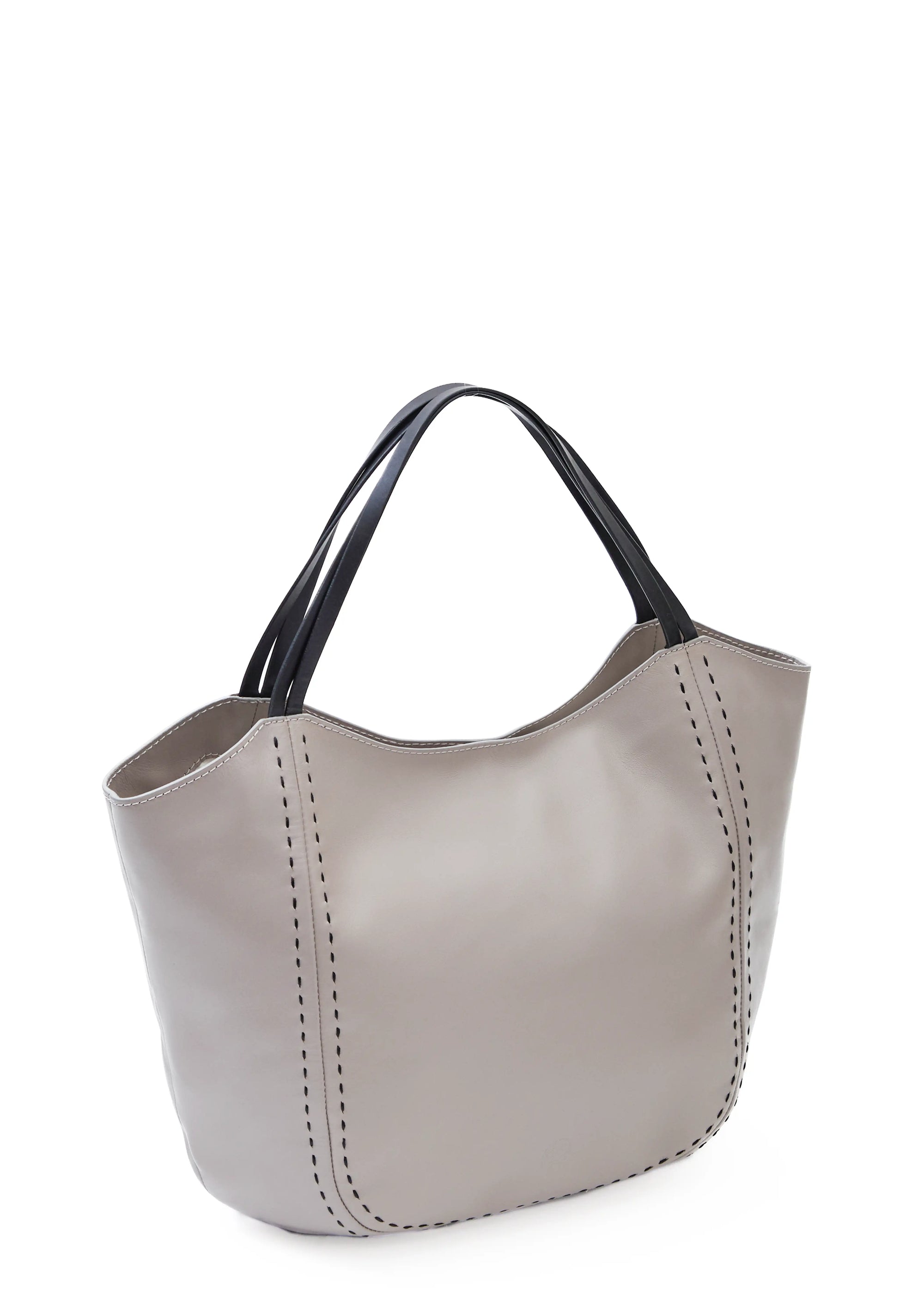 Side view of the Philini Charlotte Tote Bag in taupe aniline calf leather, featuring two double flat leather handles, magnetic button closure, and front accented by black hand-stitching. This elegant structured tote is a premium handcrafted leather handbag