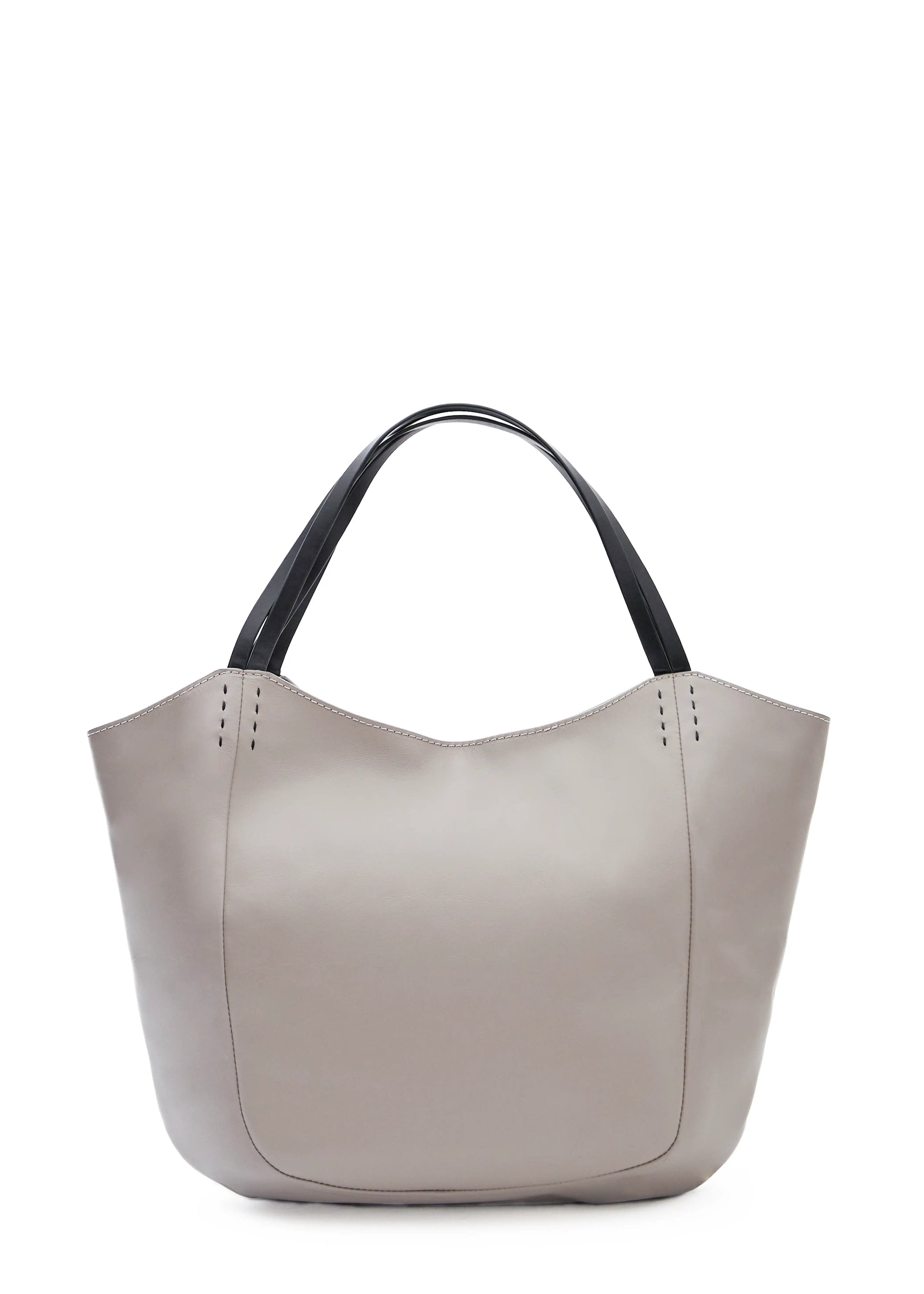 Back view of the Philini Charlotte Tote Bag in taupe aniline calf leather, with double flat handles, magnetic button closure, and subtle black hand-stitching. Premium handcrafted leather tote for women, ideal as a chic everyday handbag