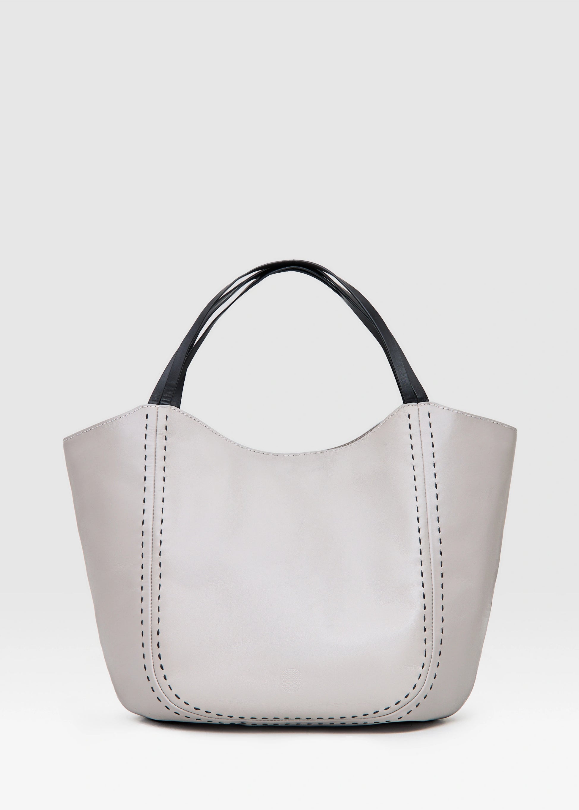 Front view of the Philini Charlotte Taupe Tote Bag in aniline calf leather with double handles and hand-stitched details