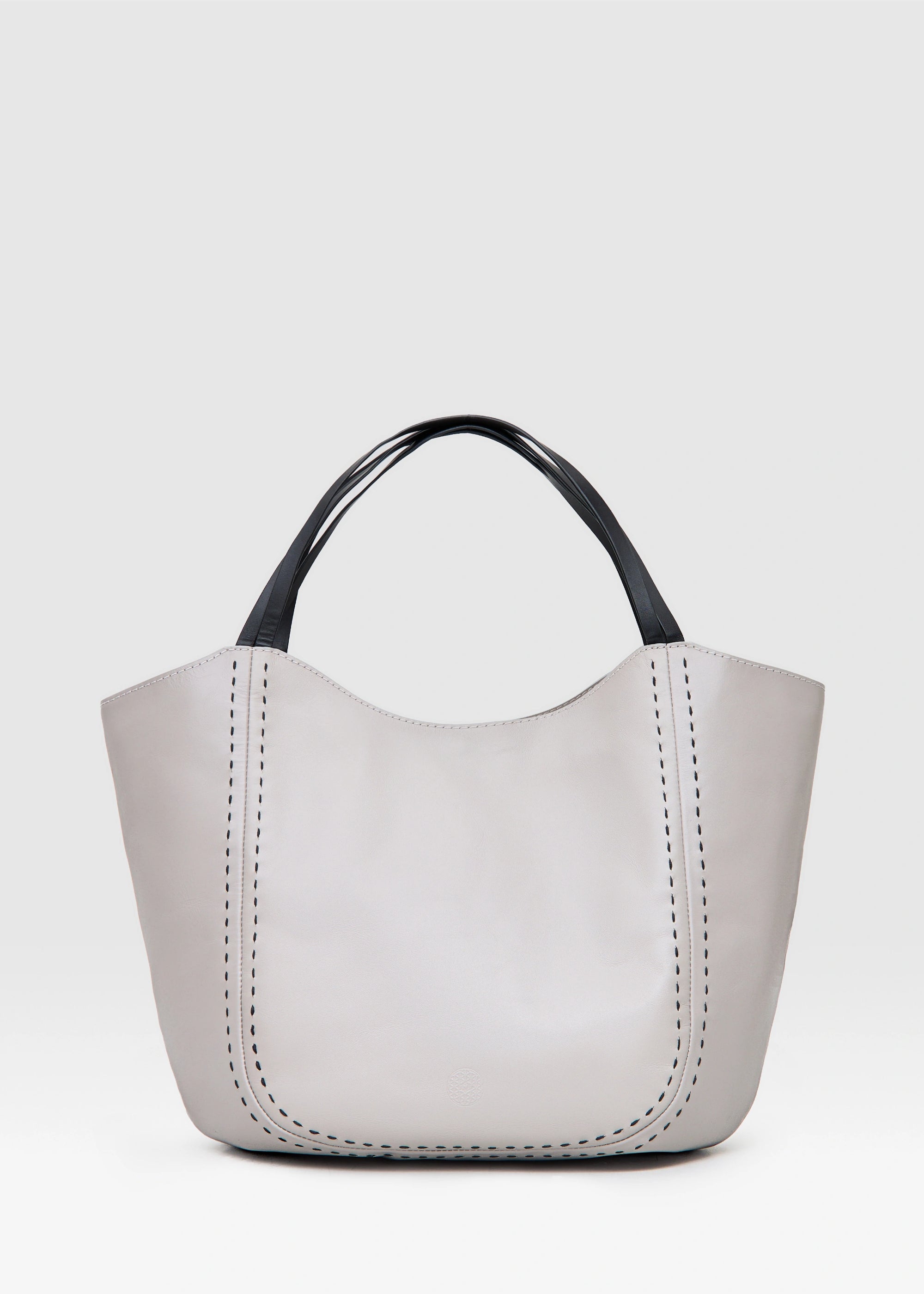 Front view of the Philini Charlotte Taupe Tote Bag in aniline calf leather with double handles and hand-stitched details