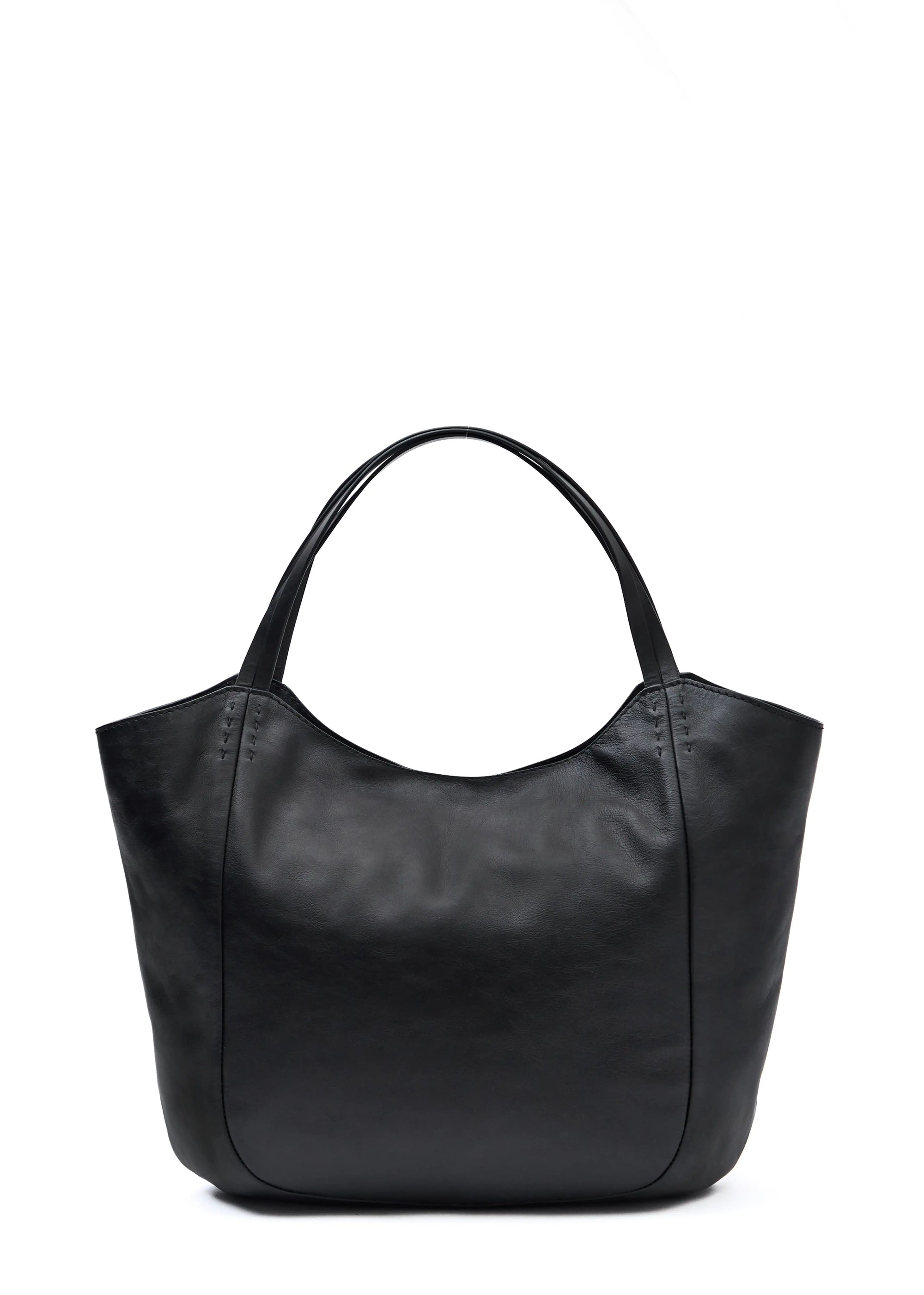 Back view of the Philini Charlotte Tote Bag in black aniline calf leather, featuring double flat leather handles, a secure magnetic closure, and refined tonal stitching. A structured designer tote bag, perfect for work, city style, or daily essentials. 