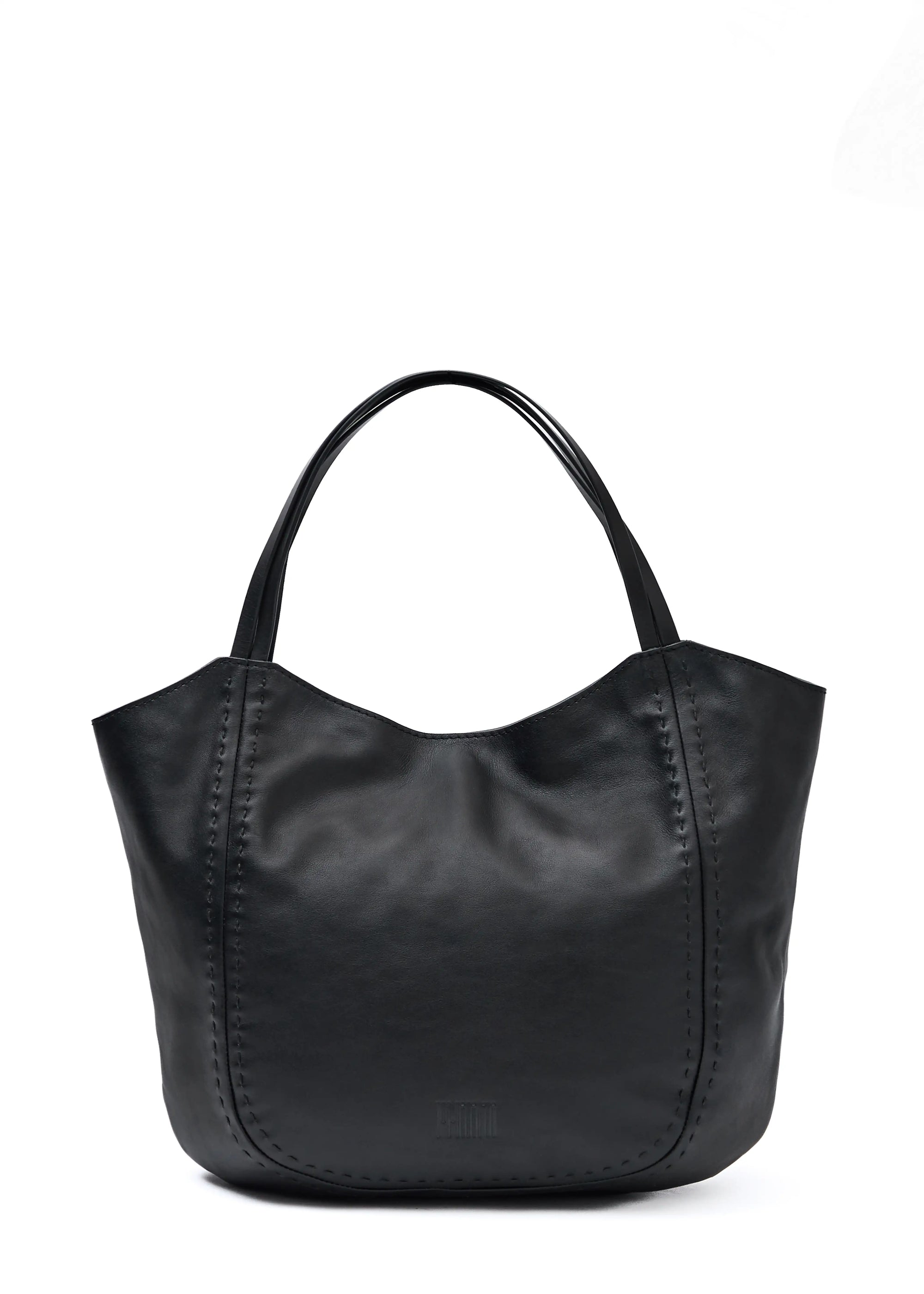 Front view of the Philini Charlotte Tote Bag in black aniline calf leather, featuring two double flat leather handles and subtle hand-stitched accents. This luxury leather tote bag is a high-quality, perfect as a classic rectangular purse for everyday wear
